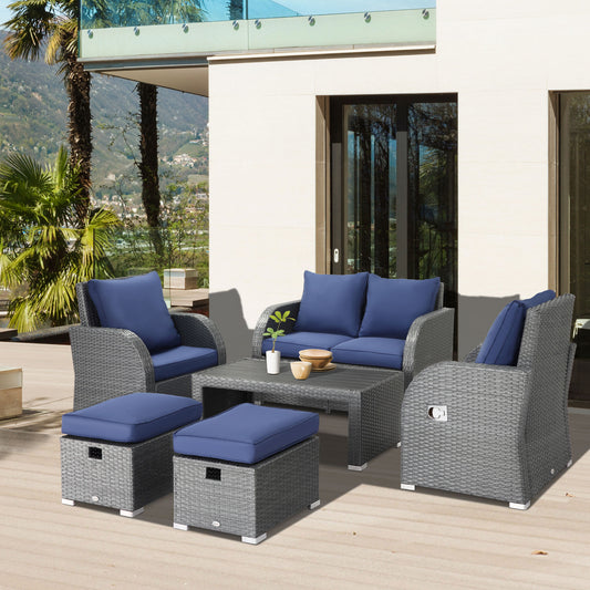 Outsunny 6-PCs Outdoor Rattan Wicker Sofa Set Angle Adjustable Recline Single Chair, w/ Gas Spring & Soft Washable Cushions, Dark Blue