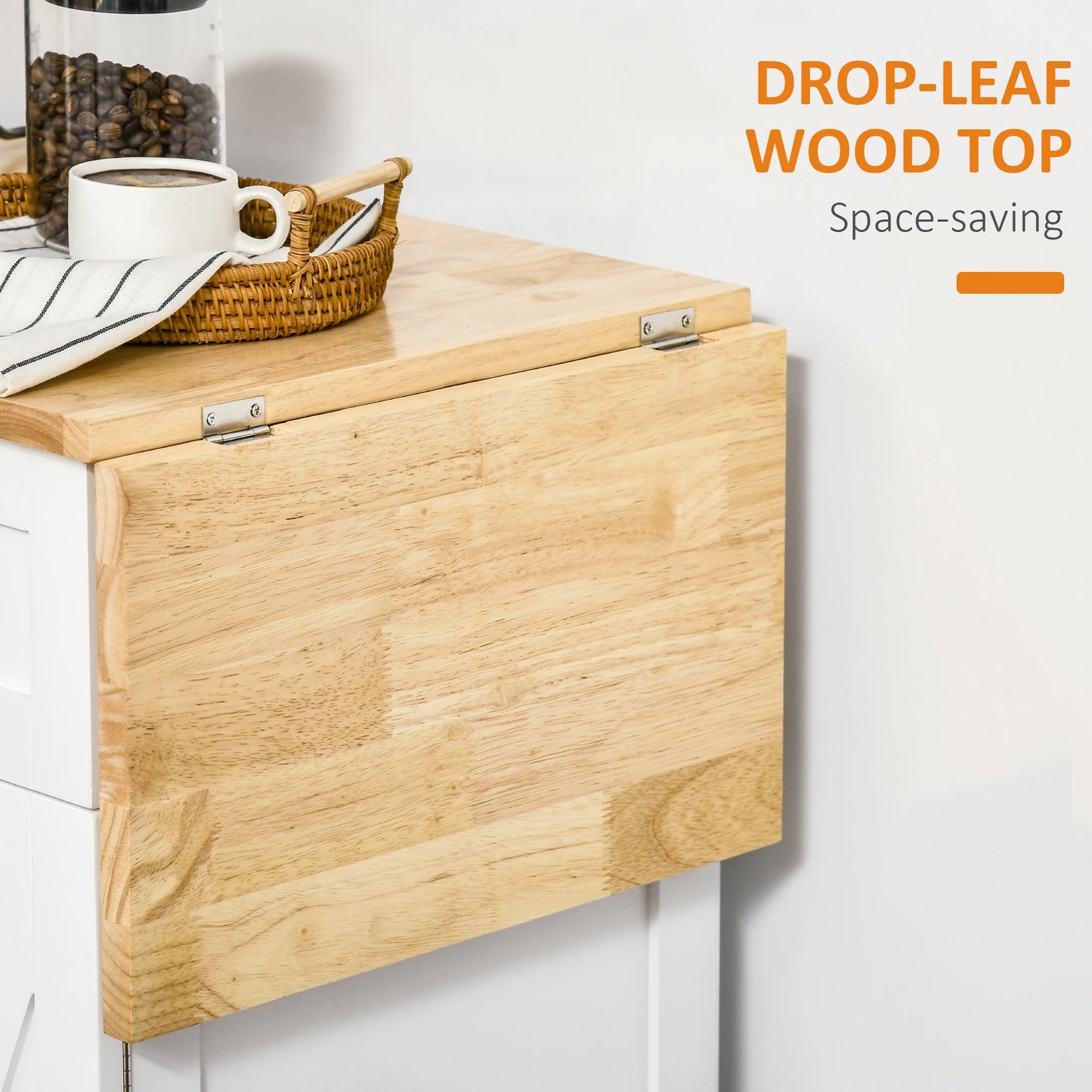 Foldable Kitchen Island with Storage Drawer, Farmhouse Style Rolling Utility Cart, Coffee Bar Cabinet on Wheels with Drop-Leaf Wood Top, White