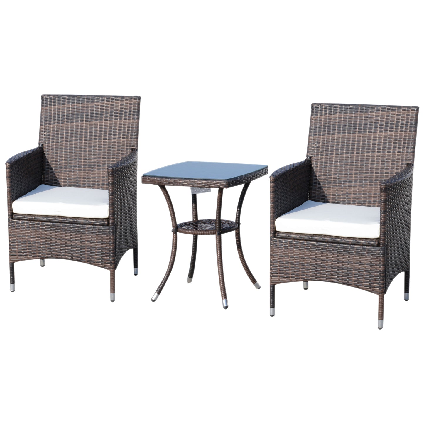 Outsunny 3 Pieces Patio Bistro Set, Outdoor PE Rattan Porch Furniture with Two Armchairs, Glass Top Coffee Table, Coffee