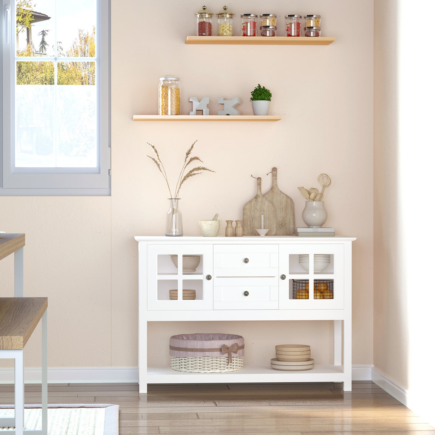 Kitchen Sideboard Serving Buffet Storage Cabinet Cupboard with Adjustable Shelves, Glass Doors, 2 Drawers, for Dining, Living Room, White