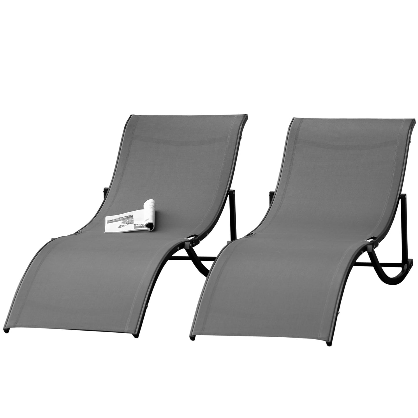 Outsunny Set of 2 S-shaped Foldable Lounge Chair Reclining Outdoor Chair for Patio Beach Garden With 264lbs Weight Capacity, Dark Grey