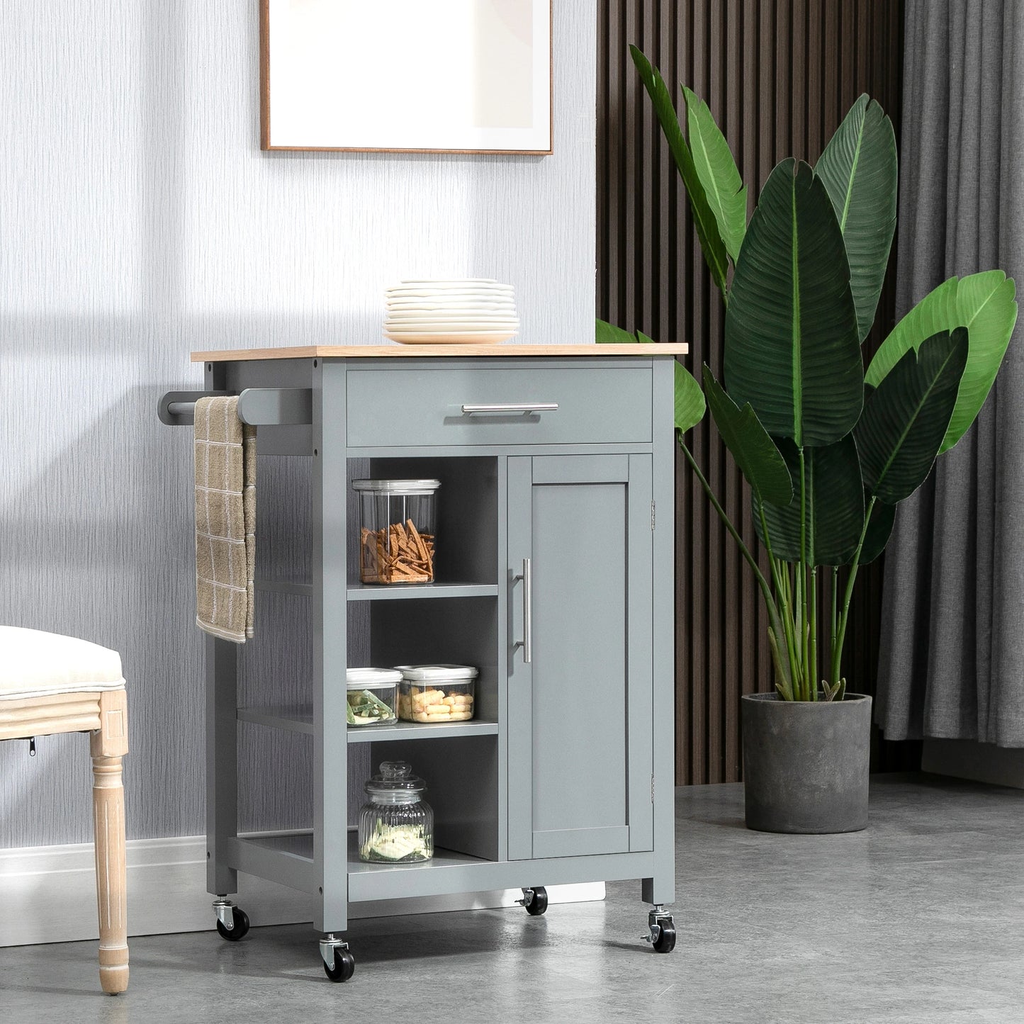 Kitchen Island, Compact Kitchen Cart on Wheels with Open Shelf & Storage Drawer for Dining Room, Kitchen, Grey