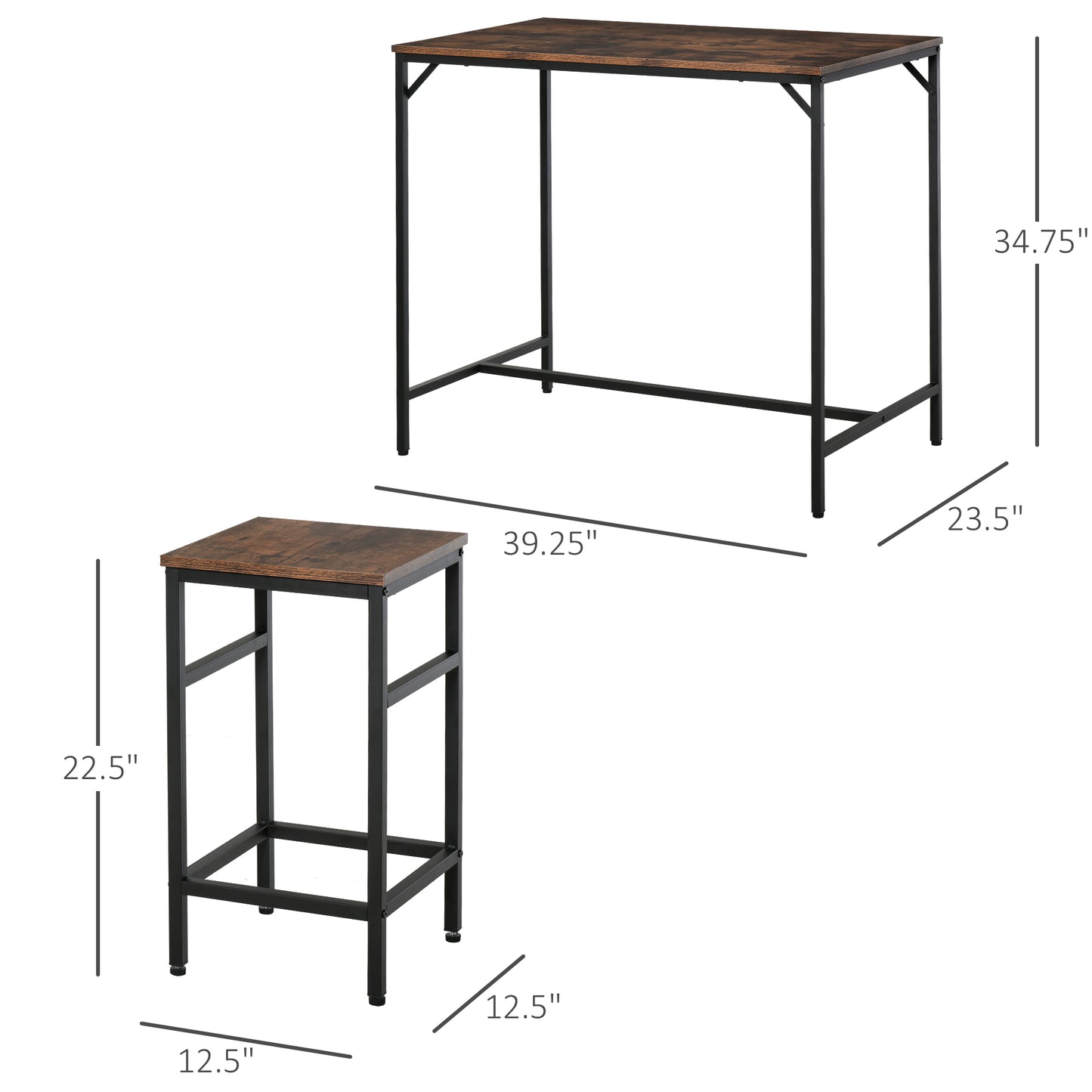 Rectangular Bar Table Set with 4 Stools for Dining Room, Kitchen, Dinette, Black, Rustic Brown