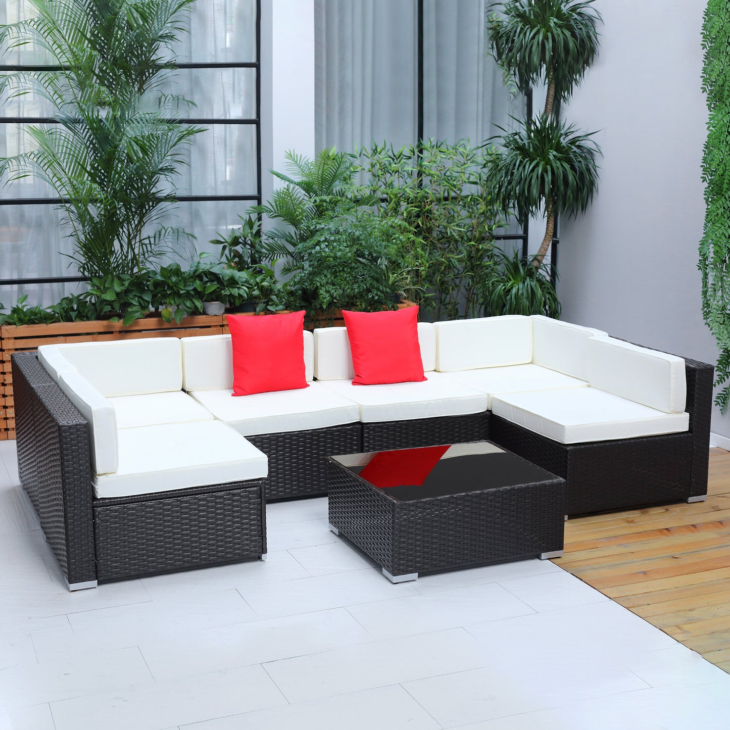 7 Pieces Garden Wicker Sectional Sofa Lounge Set All Weather Patio Outdoor Furniture with Cushion, Dark Coffe & Cream White