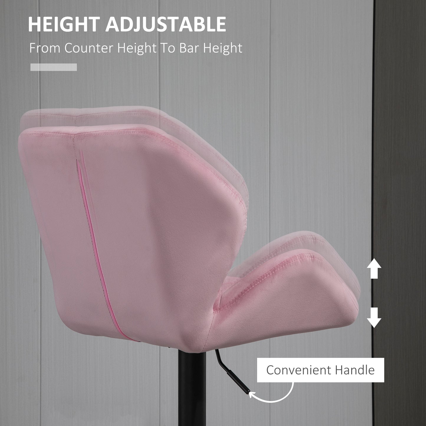 Velvet-Touch Bar Stool Set of 2 Fabric Adjustable Height Armless Counter Chairs with Swivel Seat, Pink