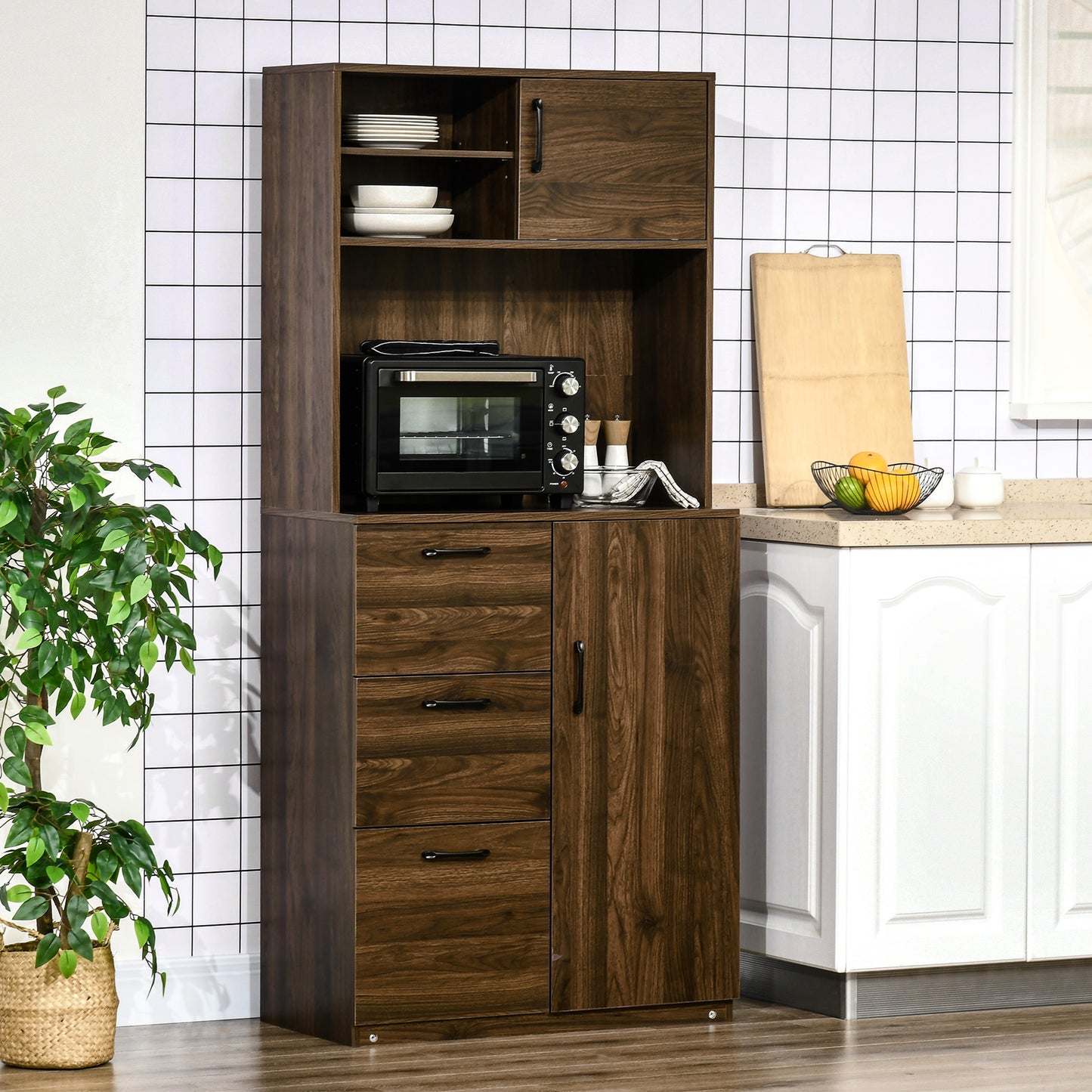 Kitchen Buffet and Hutch Storage Pantry Cupboard with Sliding Door,4 Adjustable Shelves,3 Drawers, Microwave Cabinet for Dining Room, Living Room, Entryway, Walnut