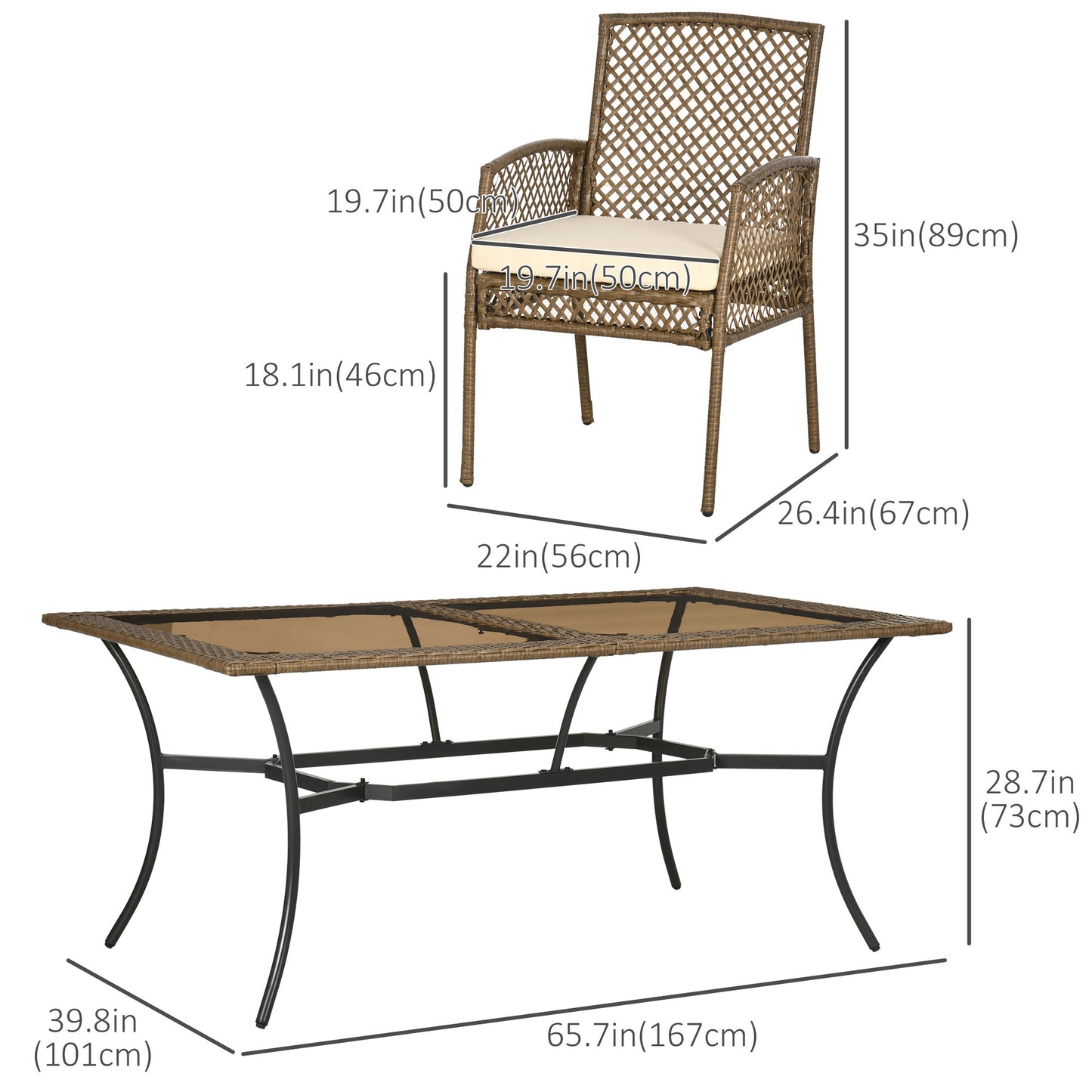 Outsunny 7 Pieces Wicker Patio Dining Set, Outdoor Rattan Dining Set with 1 Rectangular Table & 6 Chairs with Cushions, Tempered Glass Top Table for Patio, Yard, Poolside, Beige