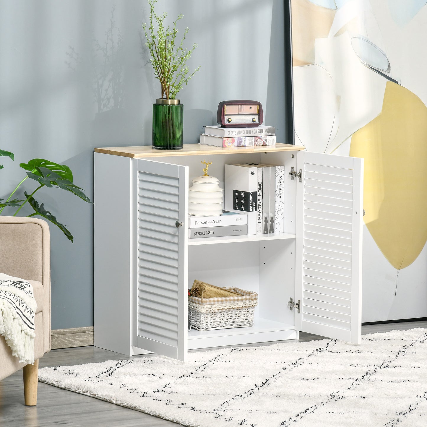 Storage Cabinet Floor Standing Cupboard Kitchen Sideboard for Bathroom, Living Room, Bedroom, Hallway with Louvred Door, White