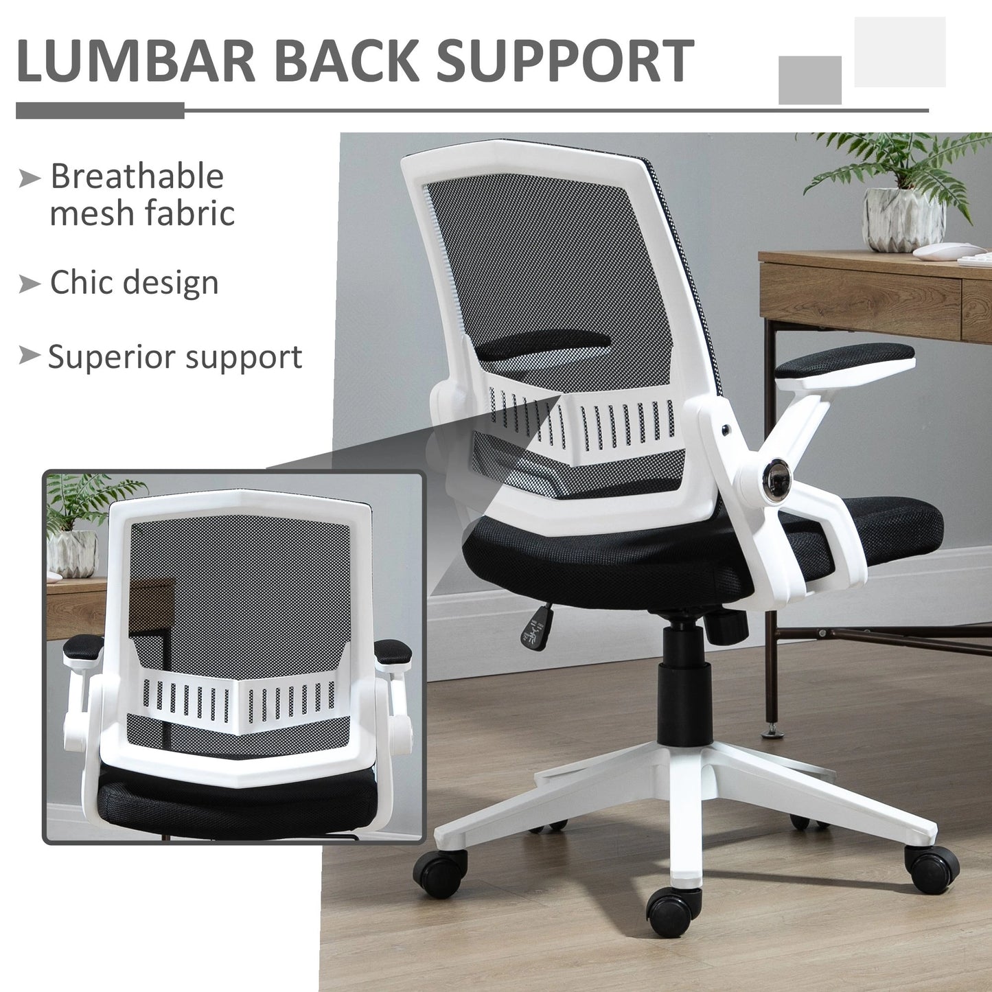 Mesh Office Chair Swivel Task Desk Office Chair with Lumbar Back Support, Adjustable Height, Flip-Up Arm, Black