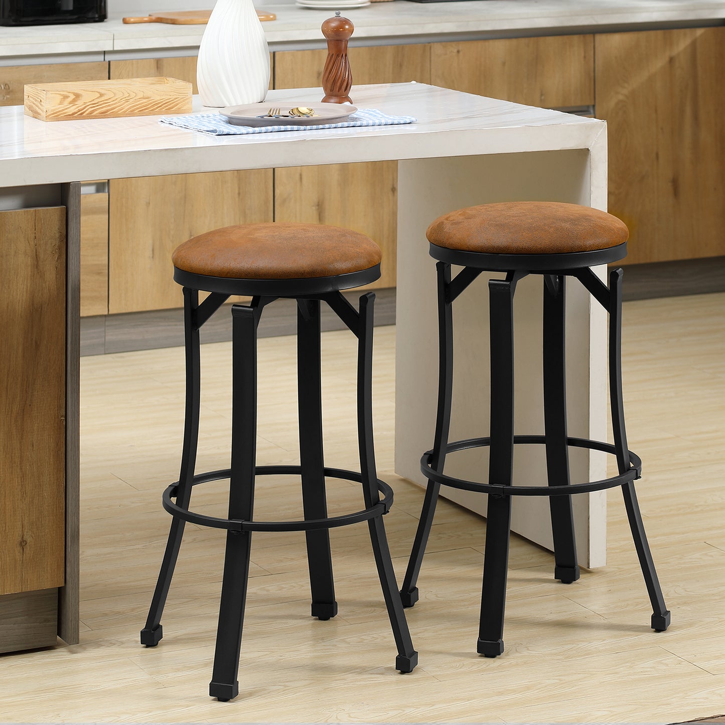 Bar Stools Set of 2, Vintage Barstools with Footrest, Microfiber Cloth Bar Chairs with Powder-coated Steel Legs for Kitchen and Dining Room, Brown