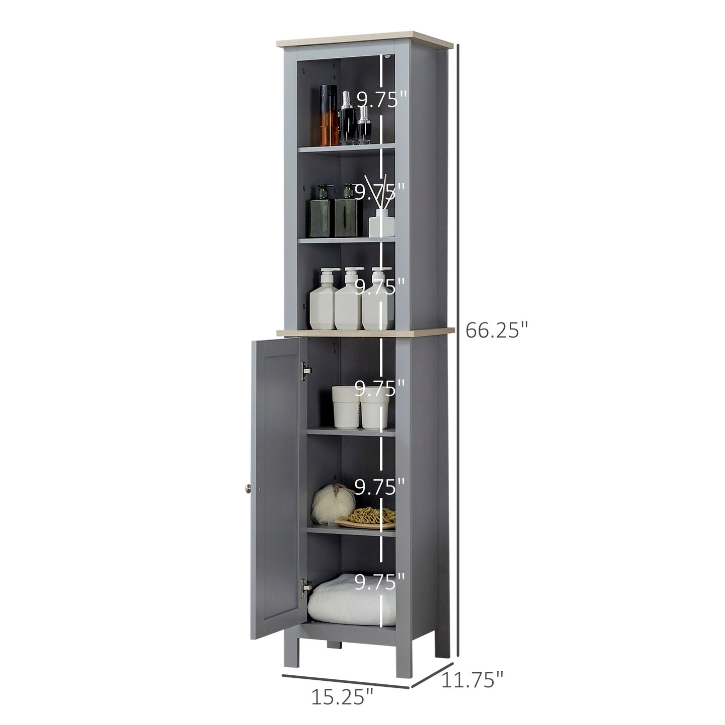 Bathroom Floor Storage Cabinet with 3 Tier Shelf and Cupboard with Door, Free Standing Linen Tower, Tall Slim Side Organizer Shelves, Grey