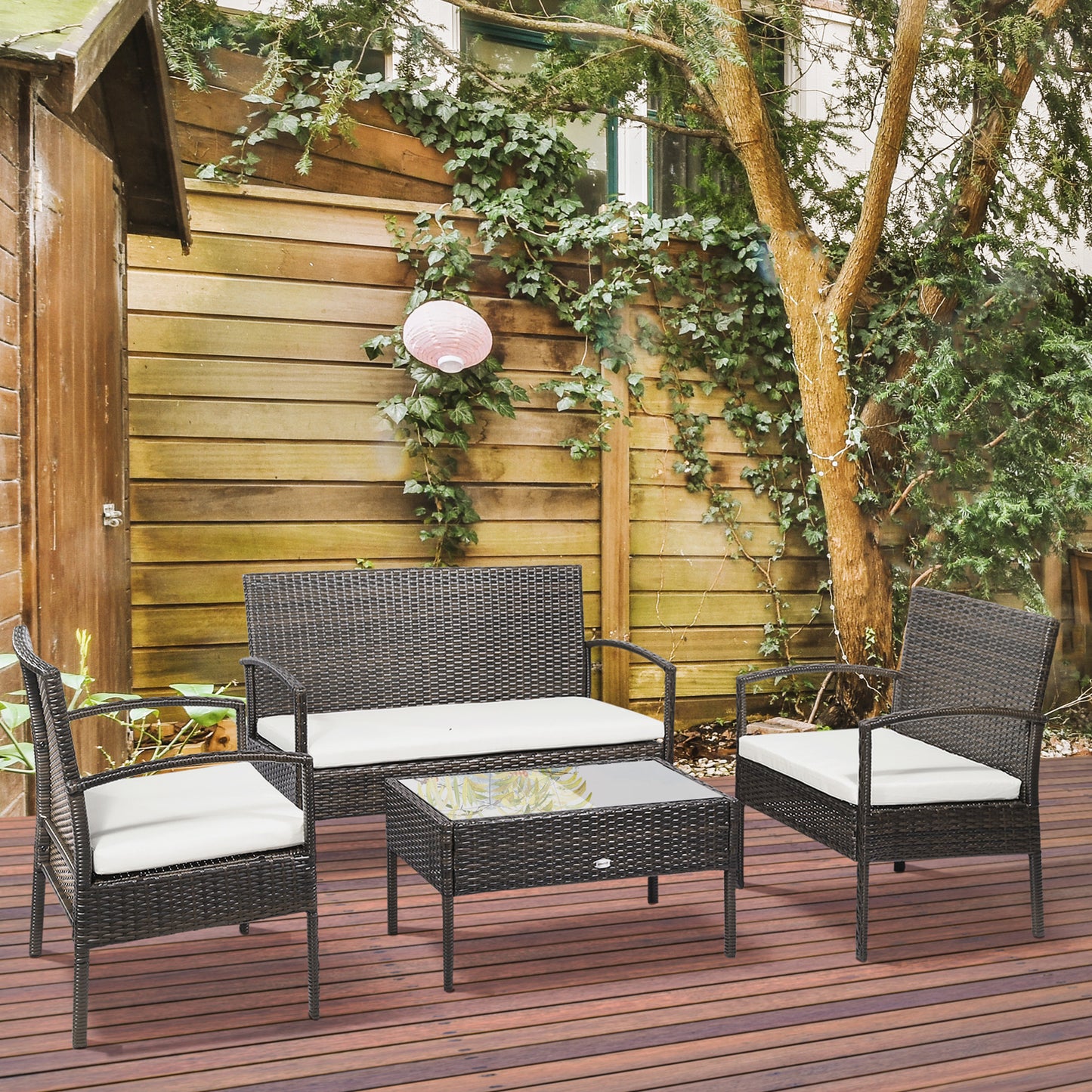 Outsunny 4Pcs Outdoor Rattan Wicker Patio Conversation Set All Weather Cushioned Seat Deck