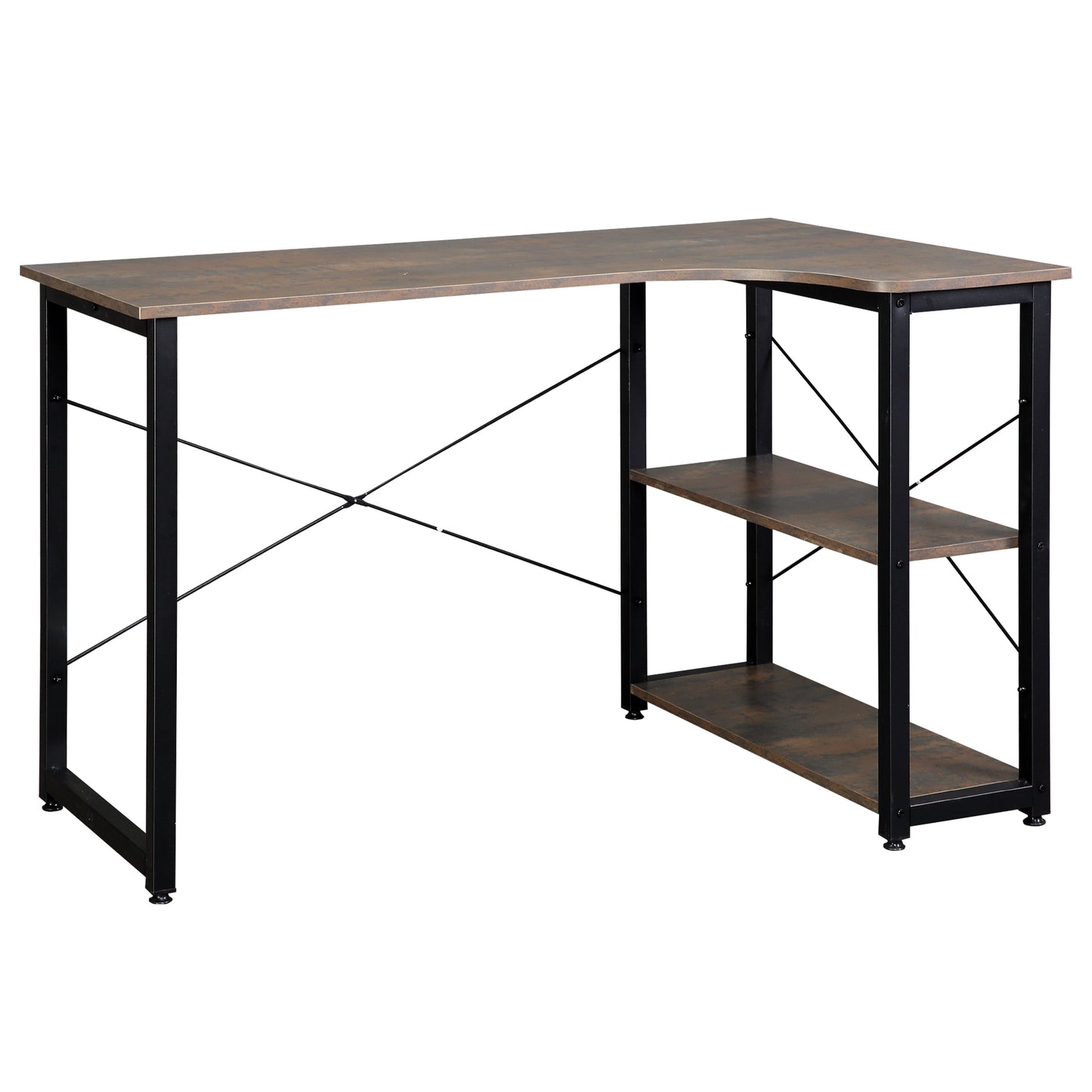 Shaped Computer Desk Home Office Corner Desk Study Workstation Table with 2 Shelves, Steel Frame, Brown