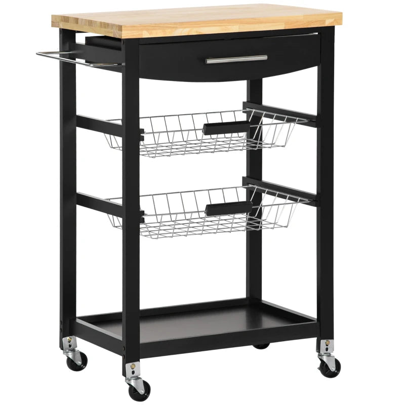 3-Tier Utility Kitchen Cart with Handle Bar, Steel Basket Rolling Cart, Food Storage Service Trolley with Drawer, Rubber Wood Top, Black