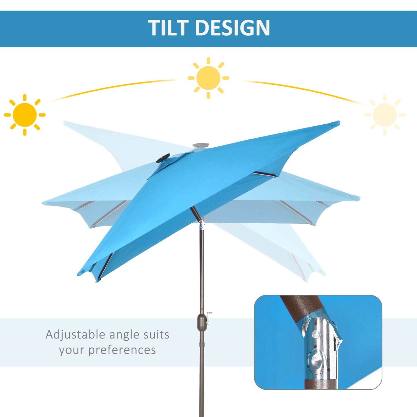 Outsunny 6.5x10ft Patio Umbrella Rectangle Solar Powered Tilt Aluminum Outdoor Market Parasol with LEDs Crank (Turquoise)