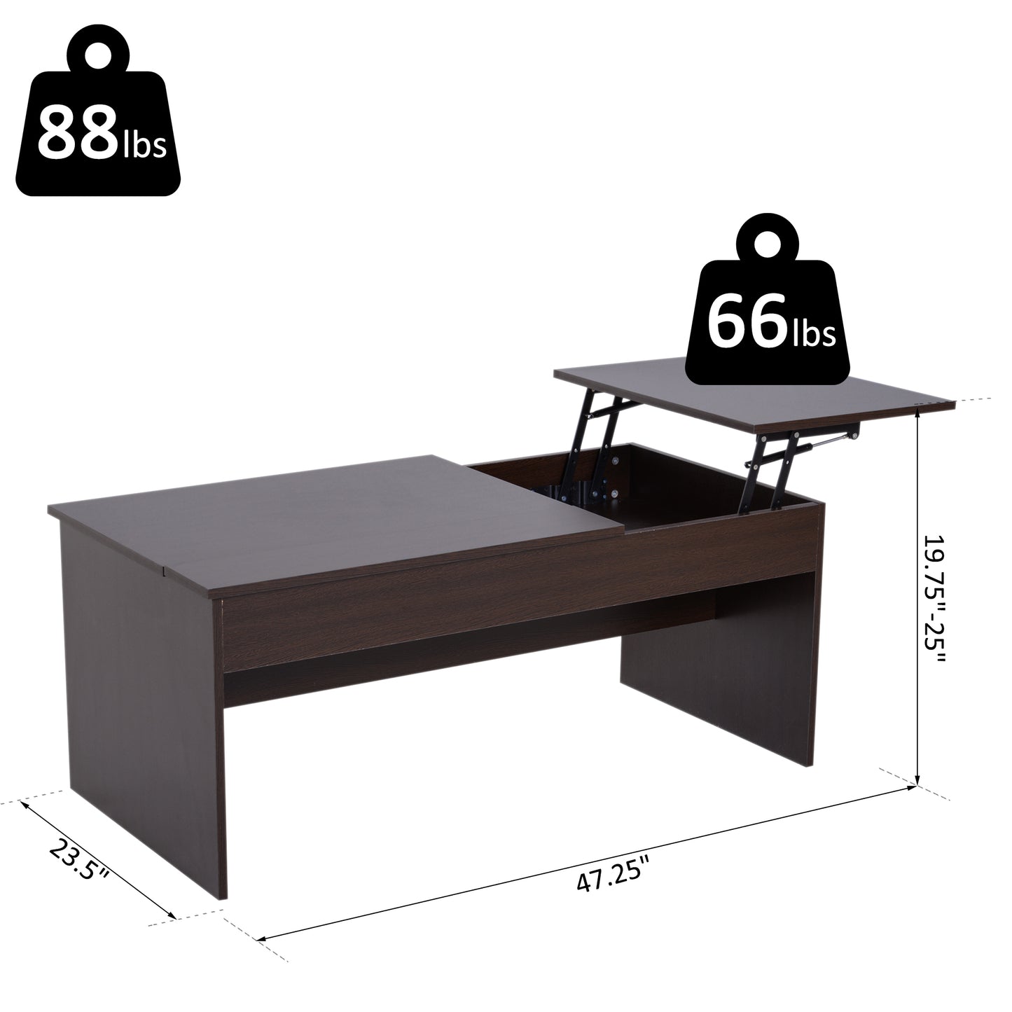 Modern Lift Top Coffee Table Hidden Compartment Living Room Dark Brown