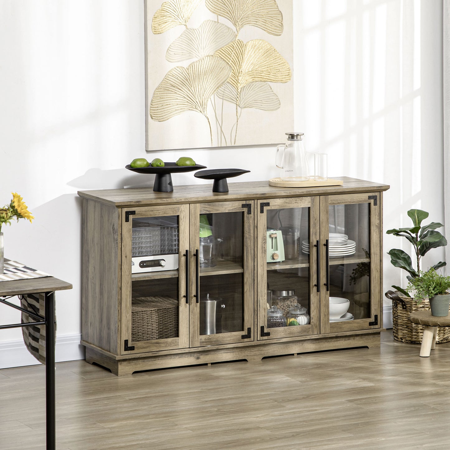 Farmhouse Buffet Cabinet with Glass Doors, Kitchen Sideboard, Coffee Bar for Living Room, Dining Room, Distressed Grey