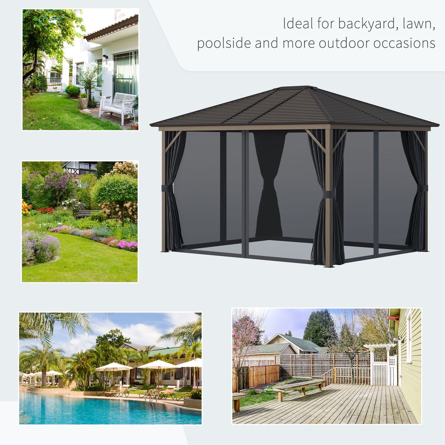 Outsunny 10' x 12' Deluxe Hardtop Gazebo with Metal Roof, Aluminum Frame Patio Gazebo Garden Sun Shelter Outdoor Pavilion with Curtains and Netting, Grey