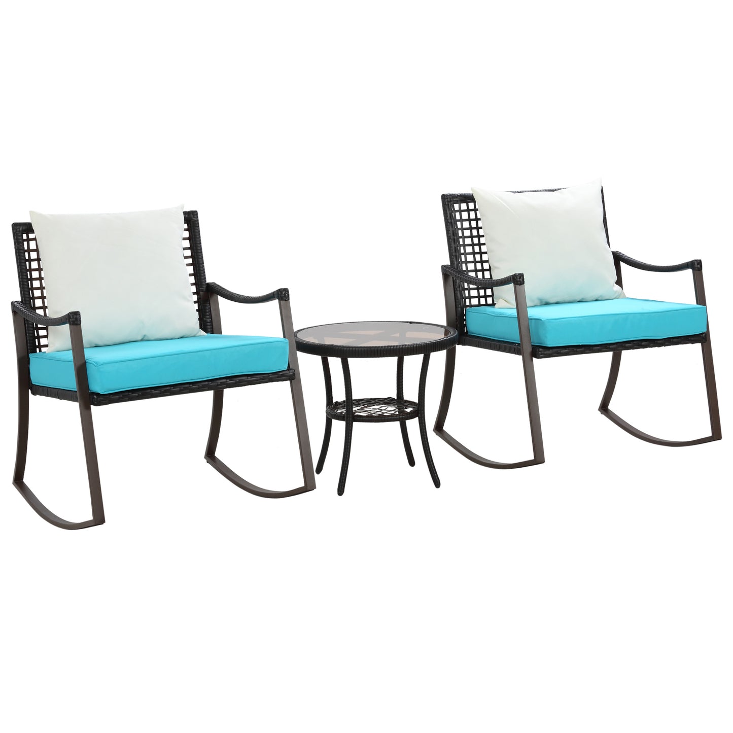 3 Pieces Patio Wicker Rocking Chair Set with Soft Padded Cushions, Outdoor PE Rattan Bistro Set w/ Pillows and Two-tier Glass Top Coffee Table for Backyard, Garden, Green