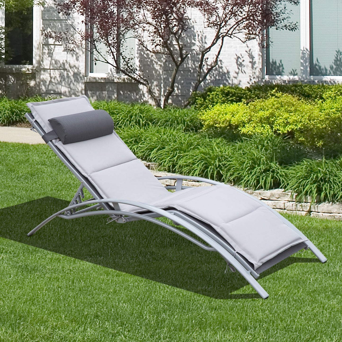 Outsunny Adjustable Patio Reclining Outdoor Chaise Lounge Chair with Cushion and Padded Pillow, Grey