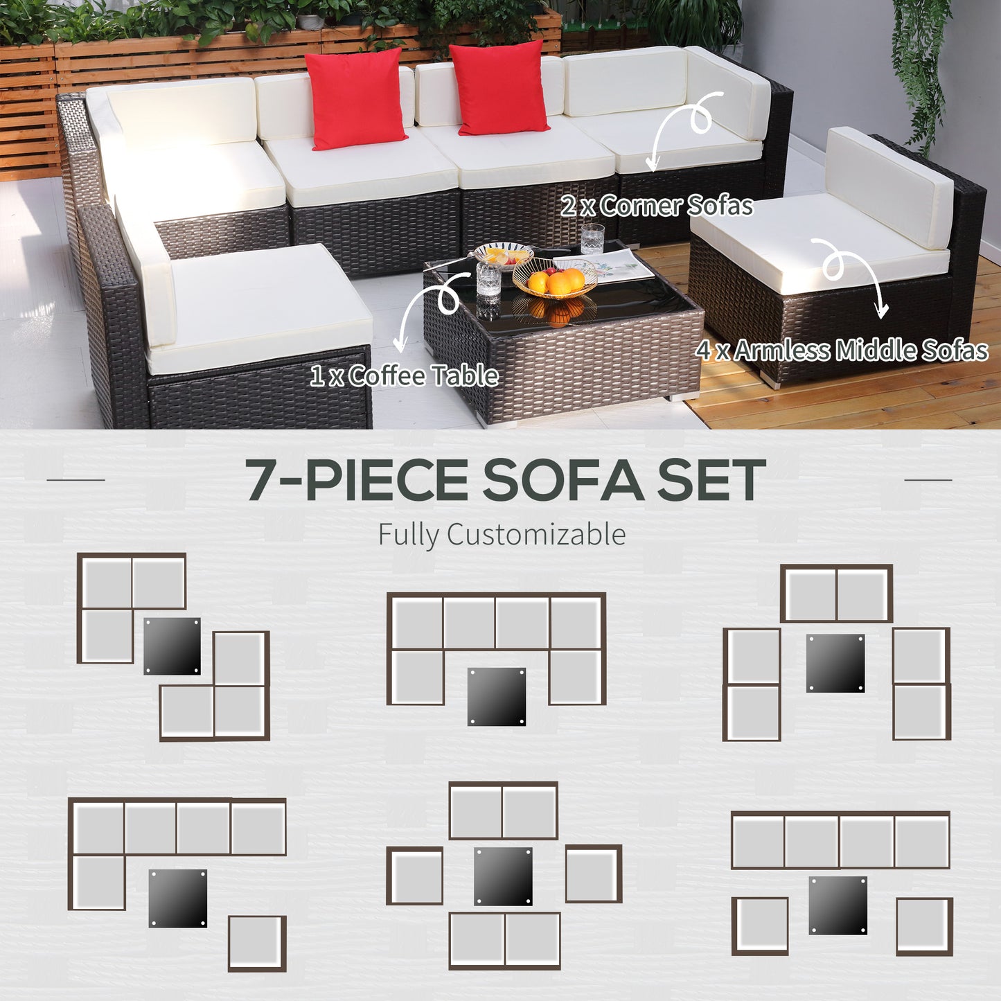 7 Pieces Garden Wicker Sectional Sofa Lounge Set All Weather Patio Outdoor Furniture with Cushion, Dark Coffe & Cream White