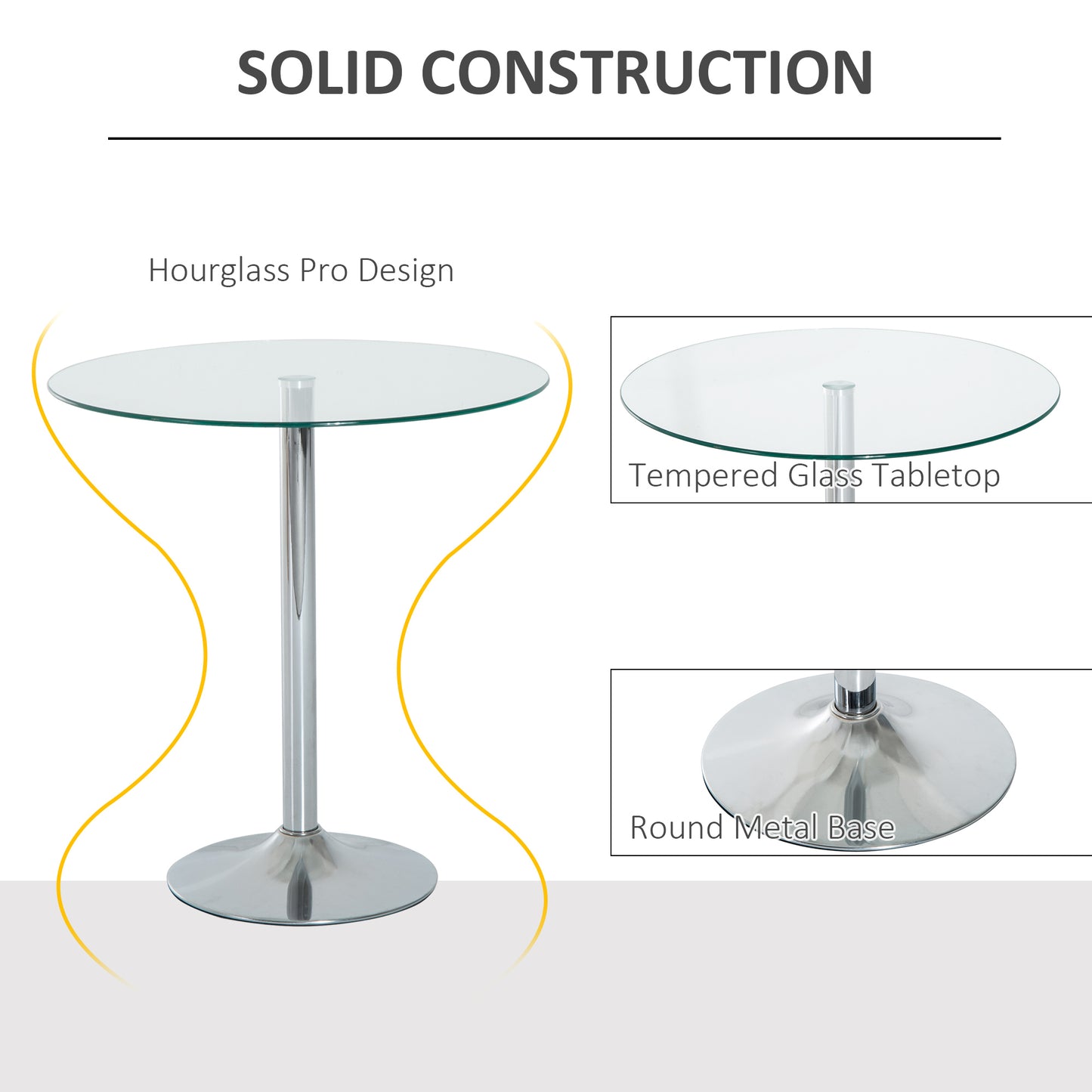 Round Bar Table, Modern Pub Table with Tempered Glass Top, Galvanized Metal Base, Small Dining Table, Silver