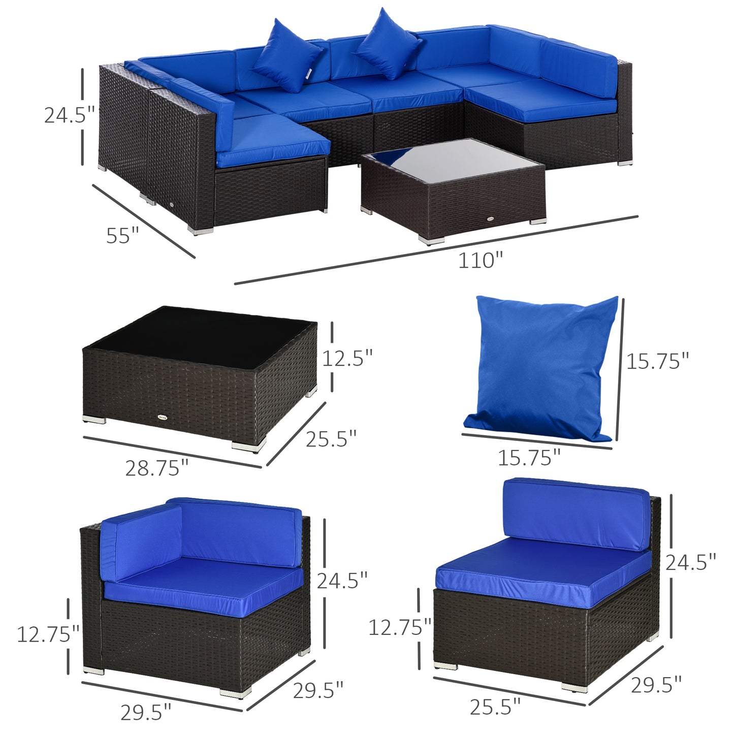 Outsunny 7 Pieces Outdoor Rattan Furniture Set, Patio Wicker Sectional Conversation Sofa Set w/ Cushions & Tempered Glass Coffee Table, Perfect for Garden, Lawn, and Deck, Blue