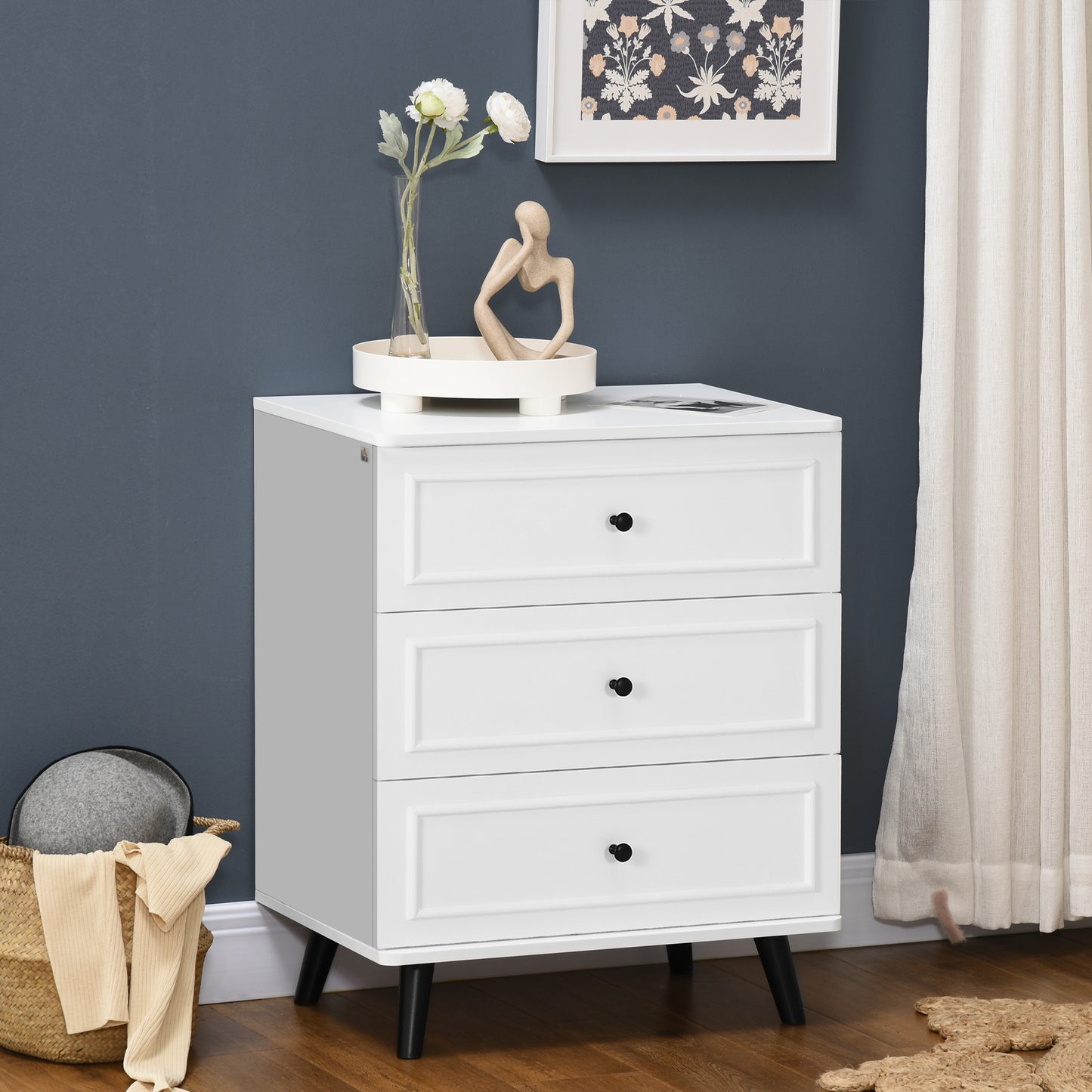 3 Drawer Dresser, Chest of Drawers Storage Cabinet with Solid Wood Legs and Handles for Living Room, White