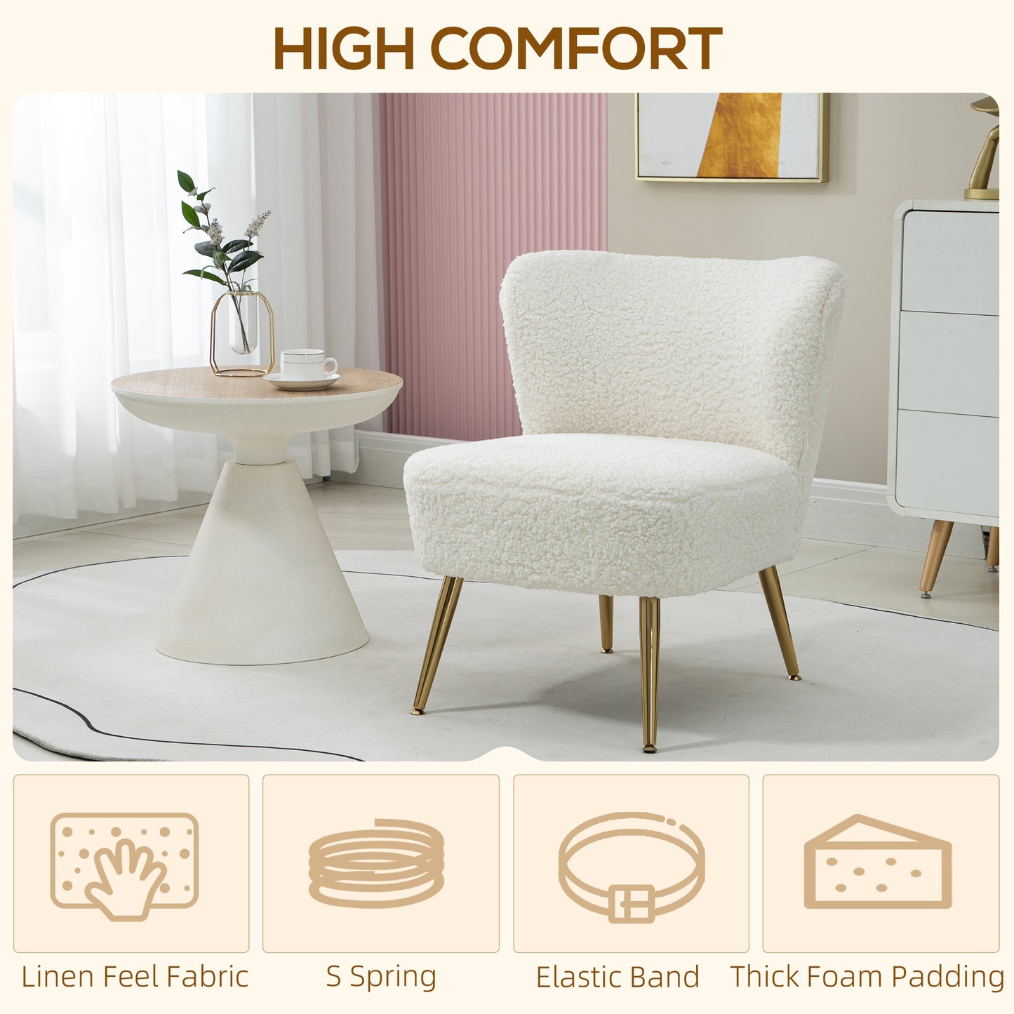 Lounge Chair for Bedroom Living Room Chair with Soft Upholstery and Gold Legs White