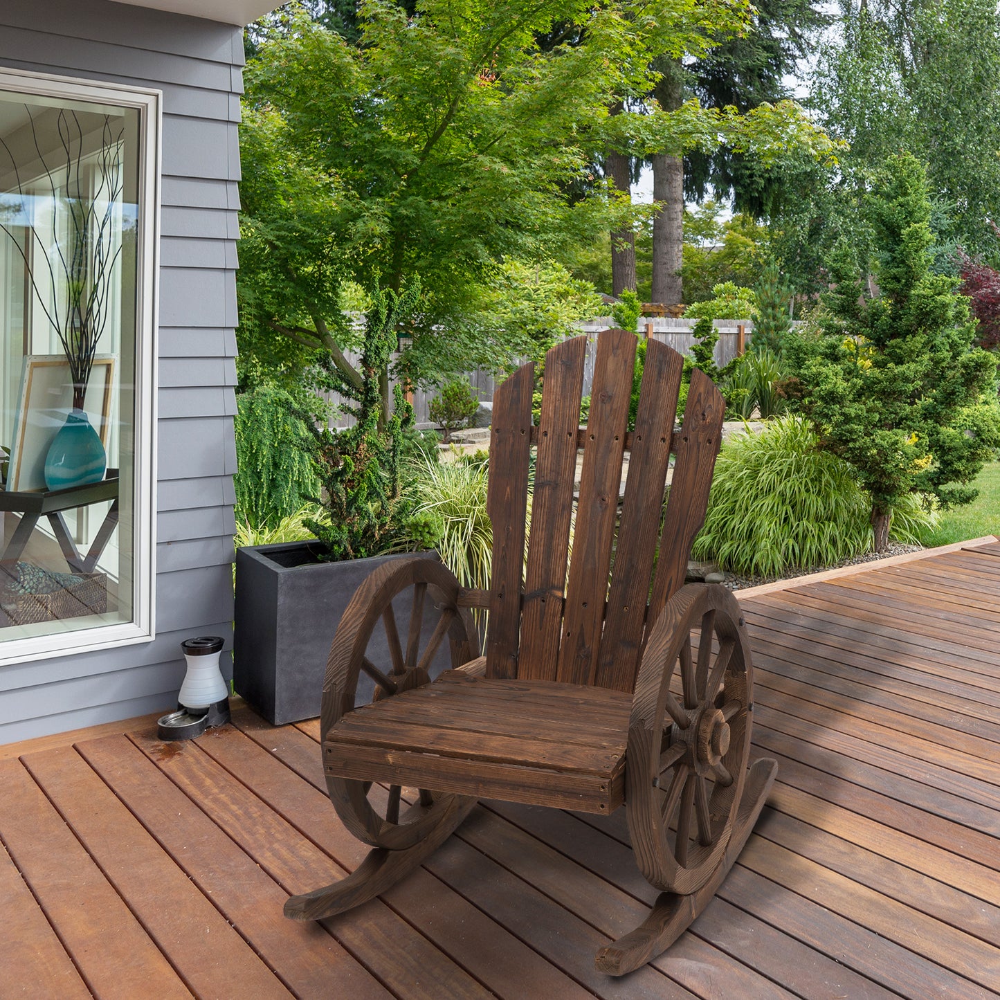 Outsunny Outdoor Adirondack Rocking Chair with Slatted Design and Oversize Back for Porch, Poolside, or Garden Lounging, Rustic Brown