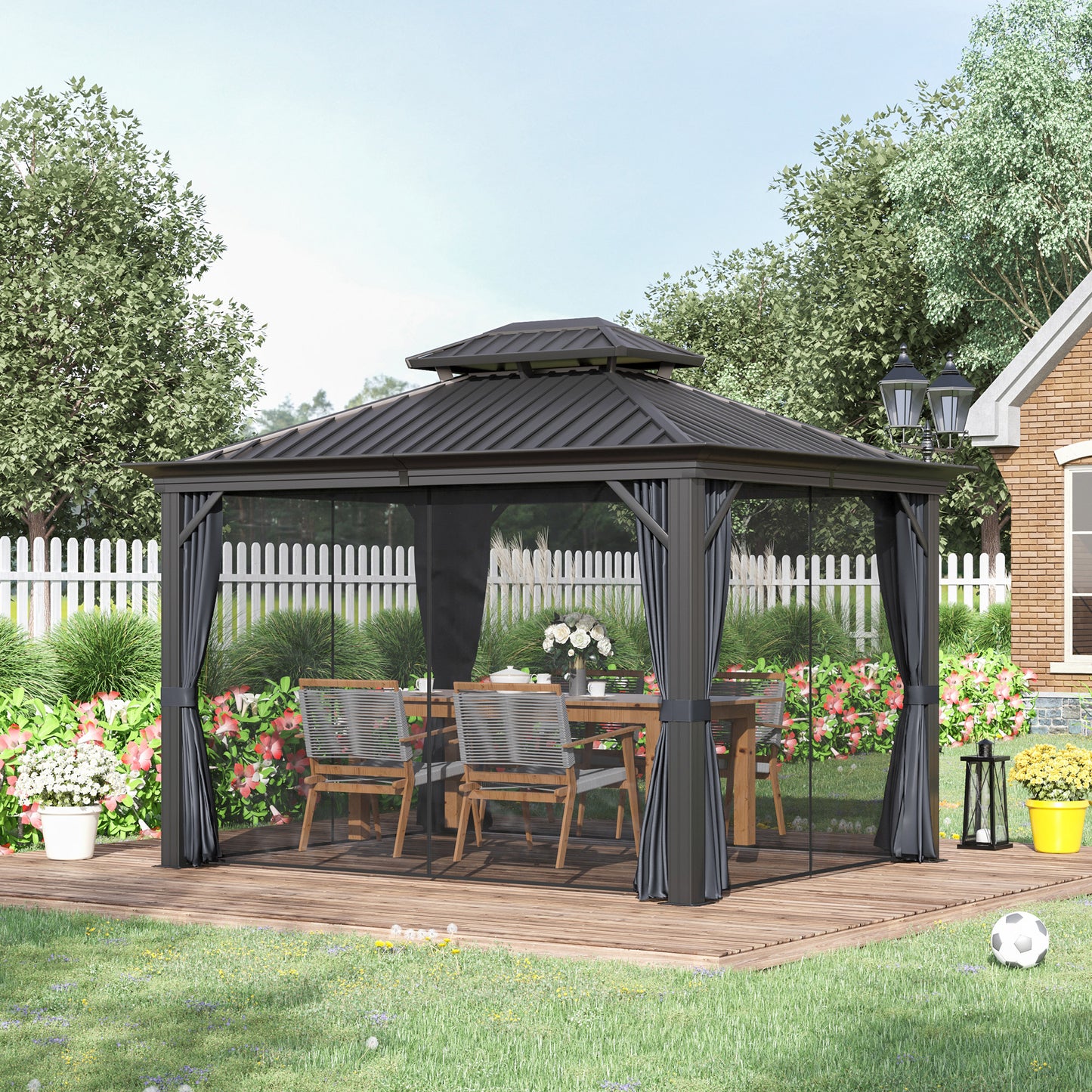 Outsunny 12' x 10' Outdoor Hardtop Gazebo with Galvanized Steel Canopy & Netting Sidewalls for Lawn, Backyard, Dark Grey