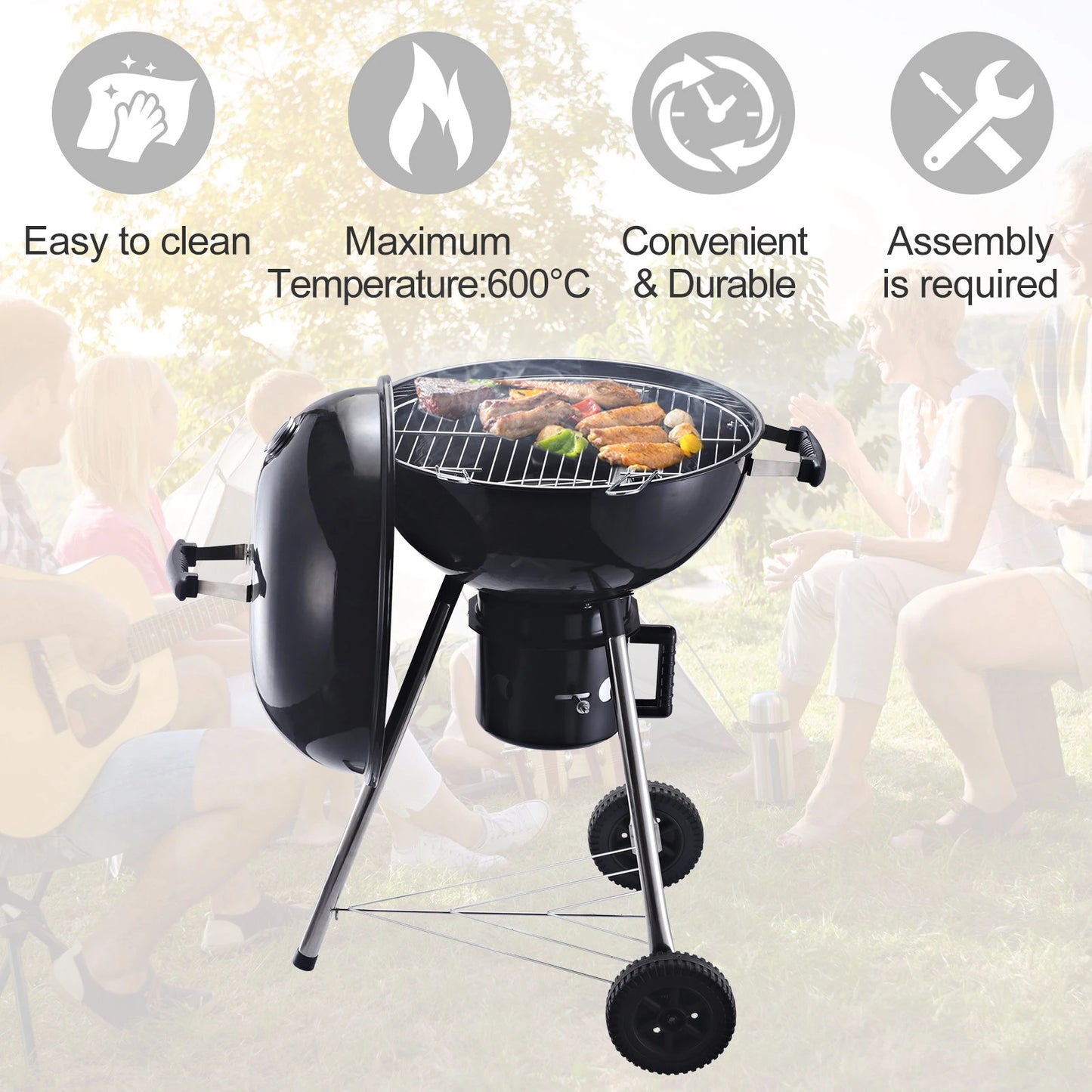 Outsunny Charcoal BBQ Grill Portable Outdoor Camp Picnic Barbecue w/ Wheels and Storage Shelves