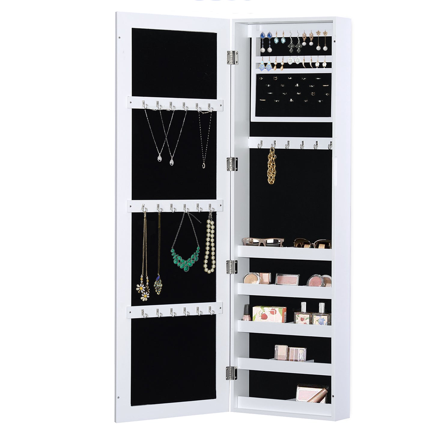 Jewelry Cabinet with Full Length Mirror, Wall Mounted Jewelry Armoire Storage Organizer, White