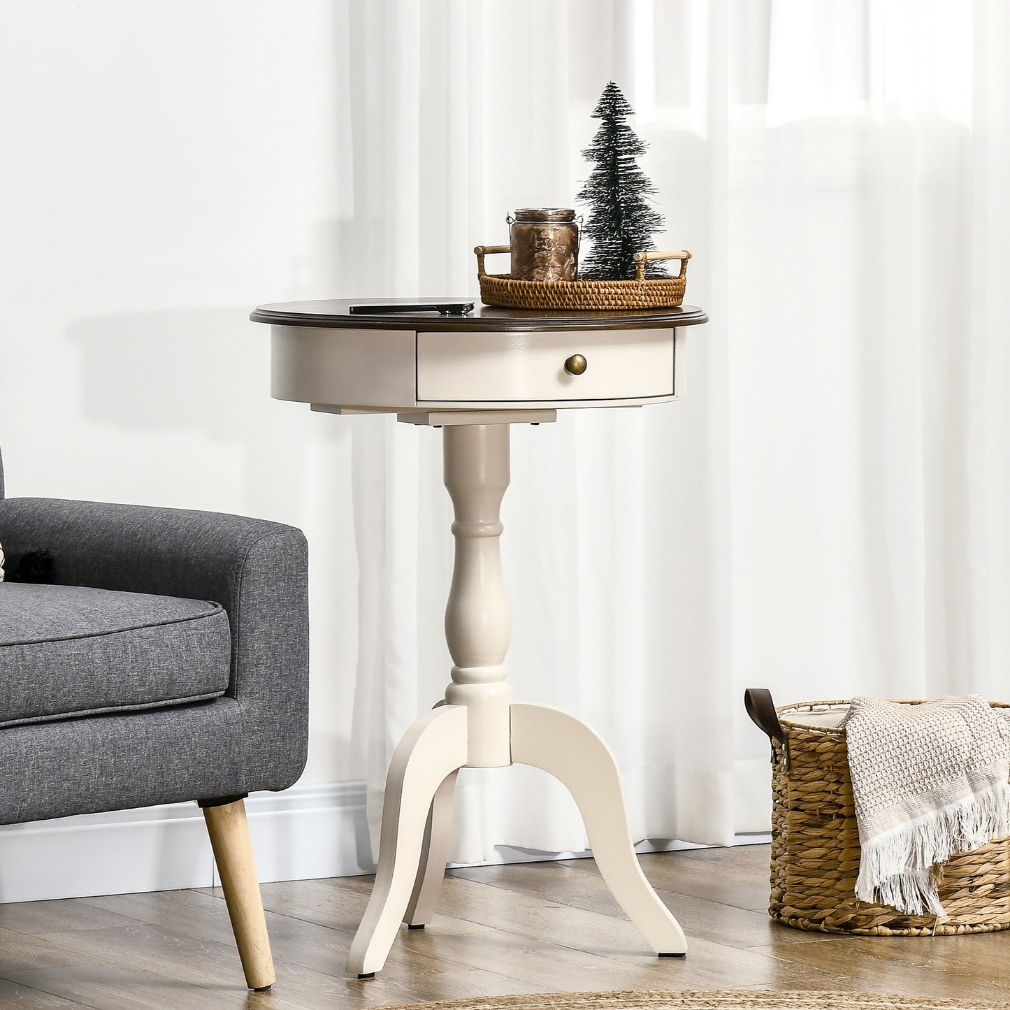 Retro Side Table with Round Tabletop for Living Room, Bedroom, White