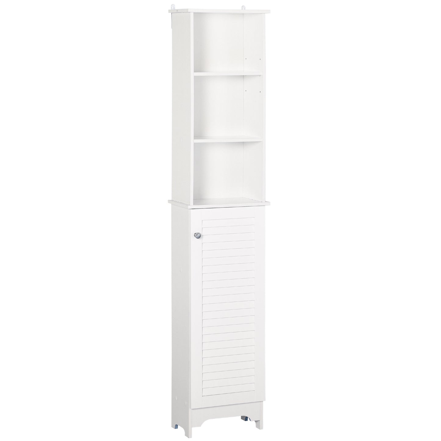 Tall Bathroom Storage Cabinet, Freestanding Linen Tower with 3-Tier Open Adjustable Shelf and Cupboard, White