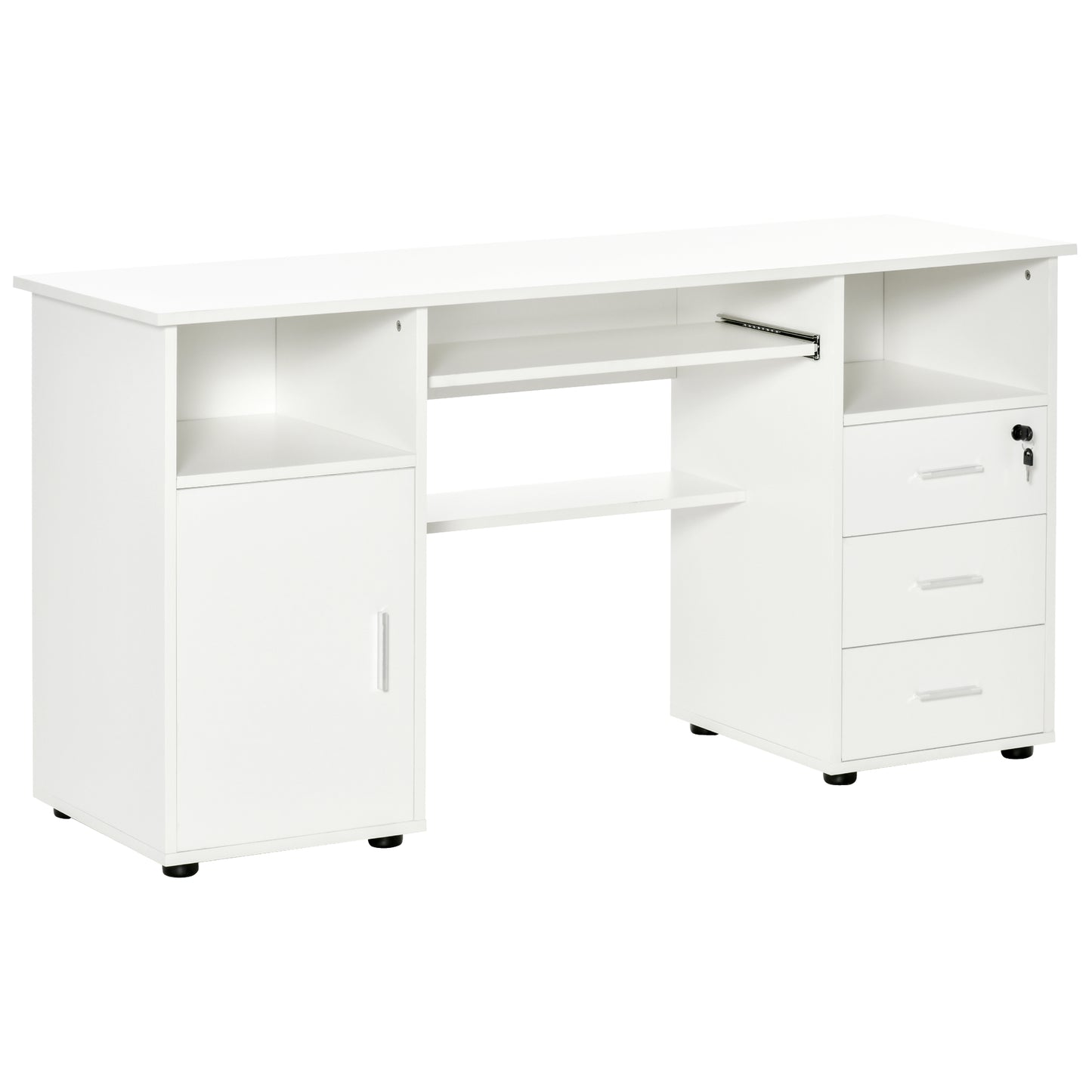 Computer Desk with Keyboard Tray and Drawers, Writing Desk, Home Office Workstation, White