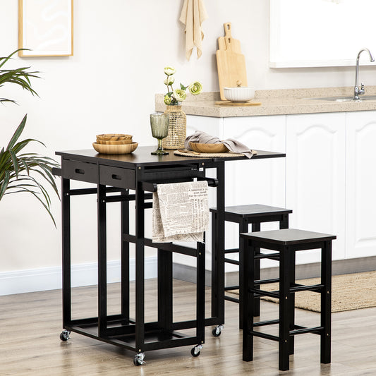 Bamboo Breakfast Cart 3 Piece Kitchen Trolley with Drop Leaf Table and 2 Square Stools, Coffee Brown