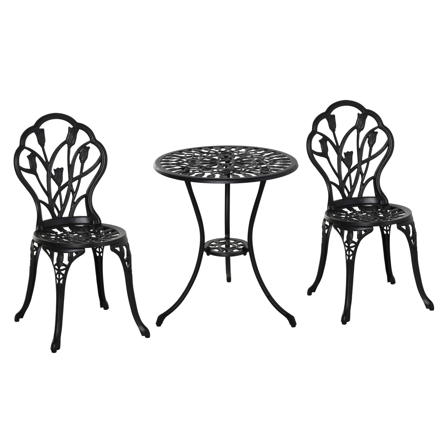 Outsunny 3PCs Patio Bistro Set, Outdoor Cast Aluminum Garden Table and Chairs with Umbrella Hole for Balcony, Black