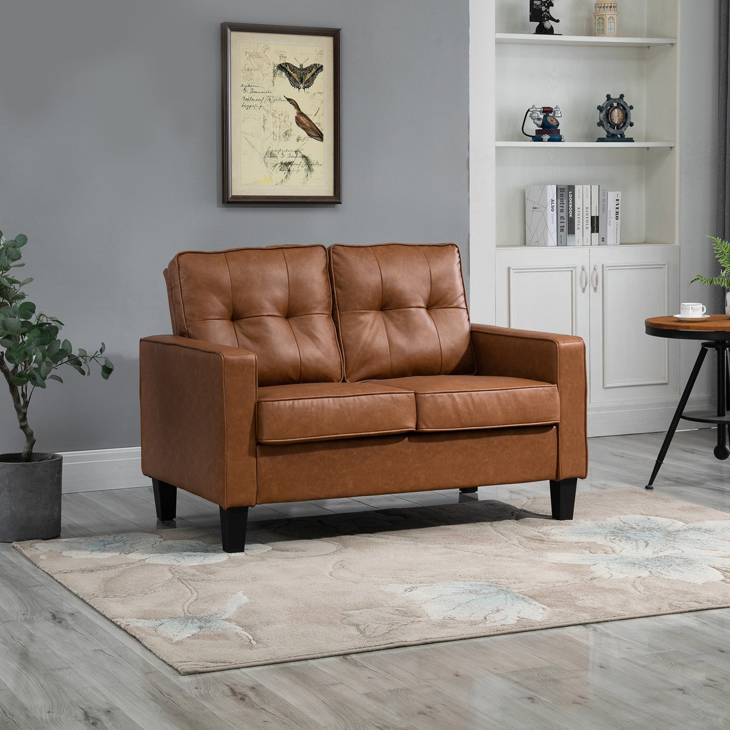 51" PU Leather Double Sofa with Sponge Padding Armrest, Tufted Back and Pocket Spring, Brown