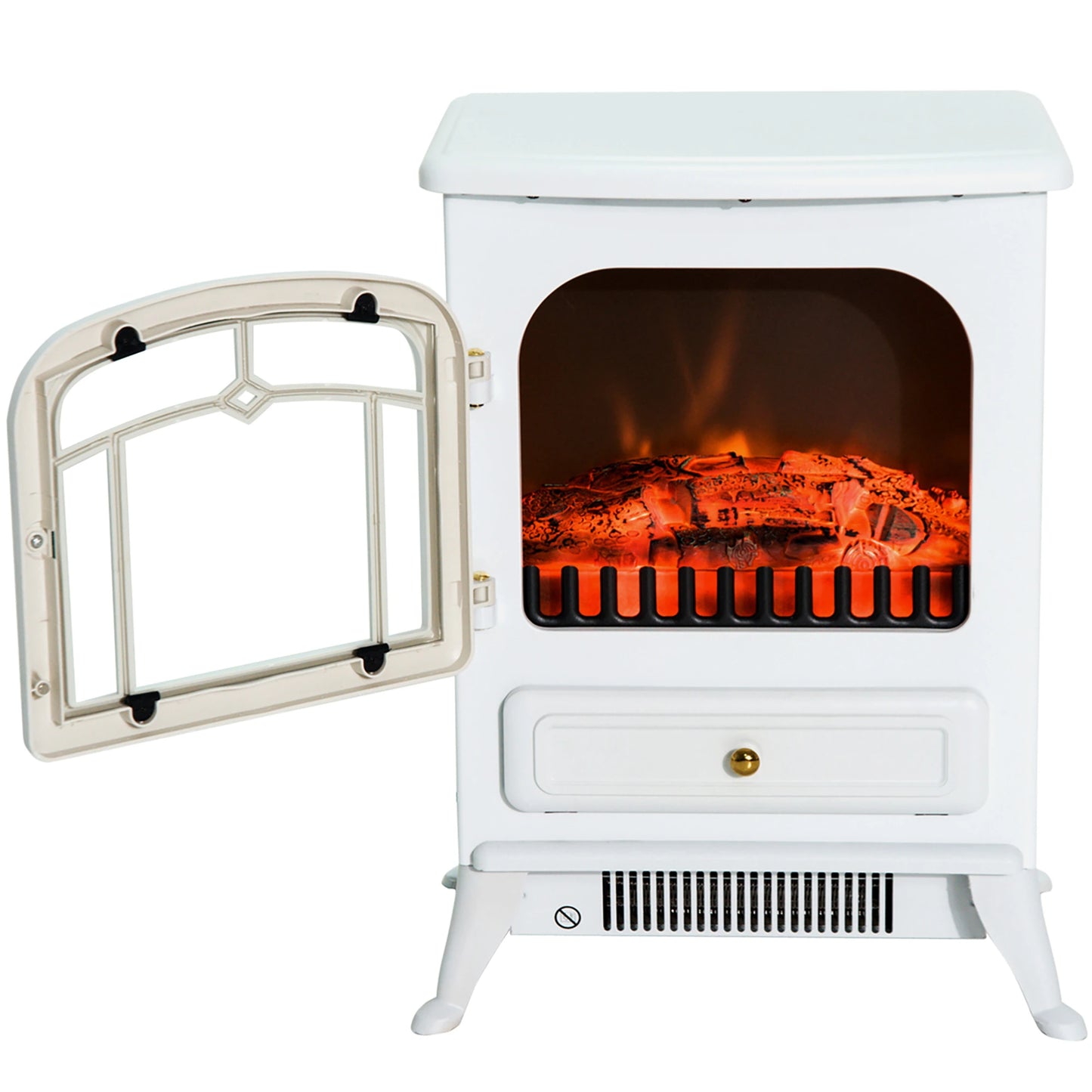 16" Free Standing Electric Fireplace Portable Adjustable Stove with Heater Wood Burning Flame 750/1500W White