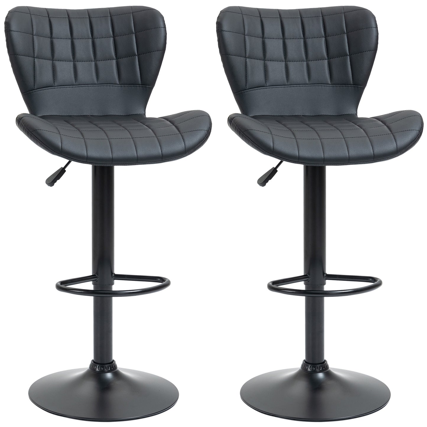 Bar Stools Set of 2 Adjustable Height Swivel Bar Chairs in PU Leather with Backrest & Footrest, Black