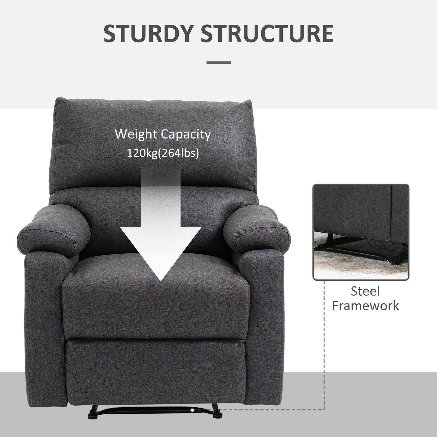 Recliner Sofa Manual Reclining Chair with Footrest Padded Seat for Living Room, Bedroom, Study, Dark Grey