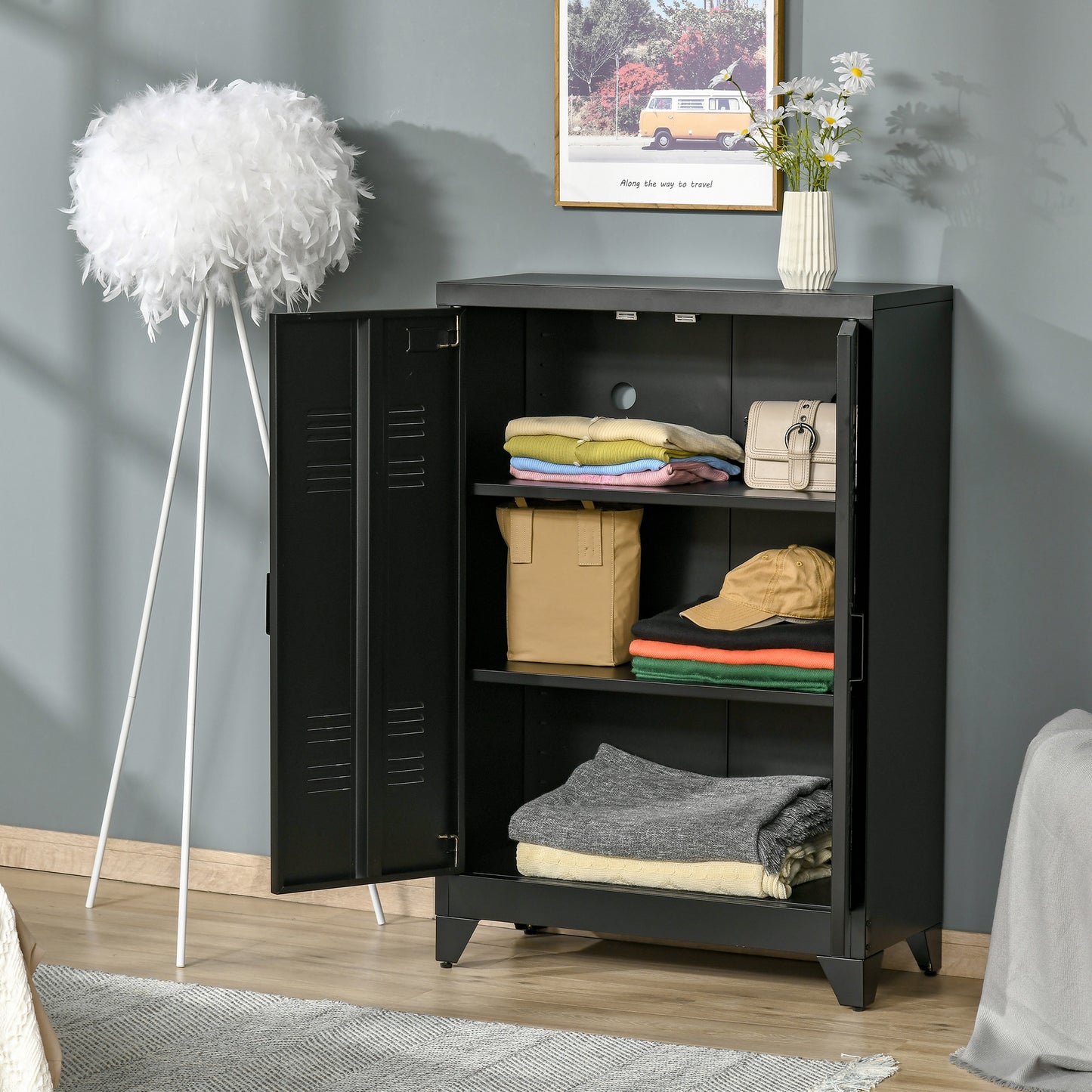 2-Tier Steel Storage Cabinet with 2 Louvered Doors for Office, Garage, Warehouse, Black