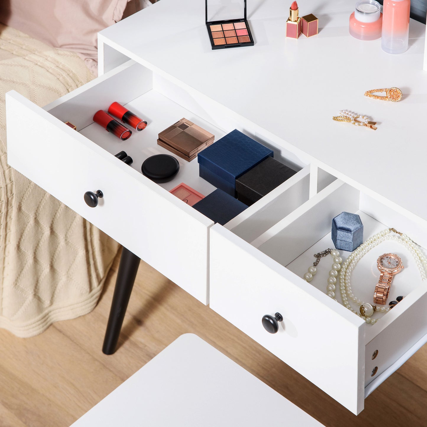 Vanity Set, Makeup Dressing Table Set with Stool, Wood Vanity Desk with Mirror, Storage Drawers and Shelf for Bedroom, White and Black