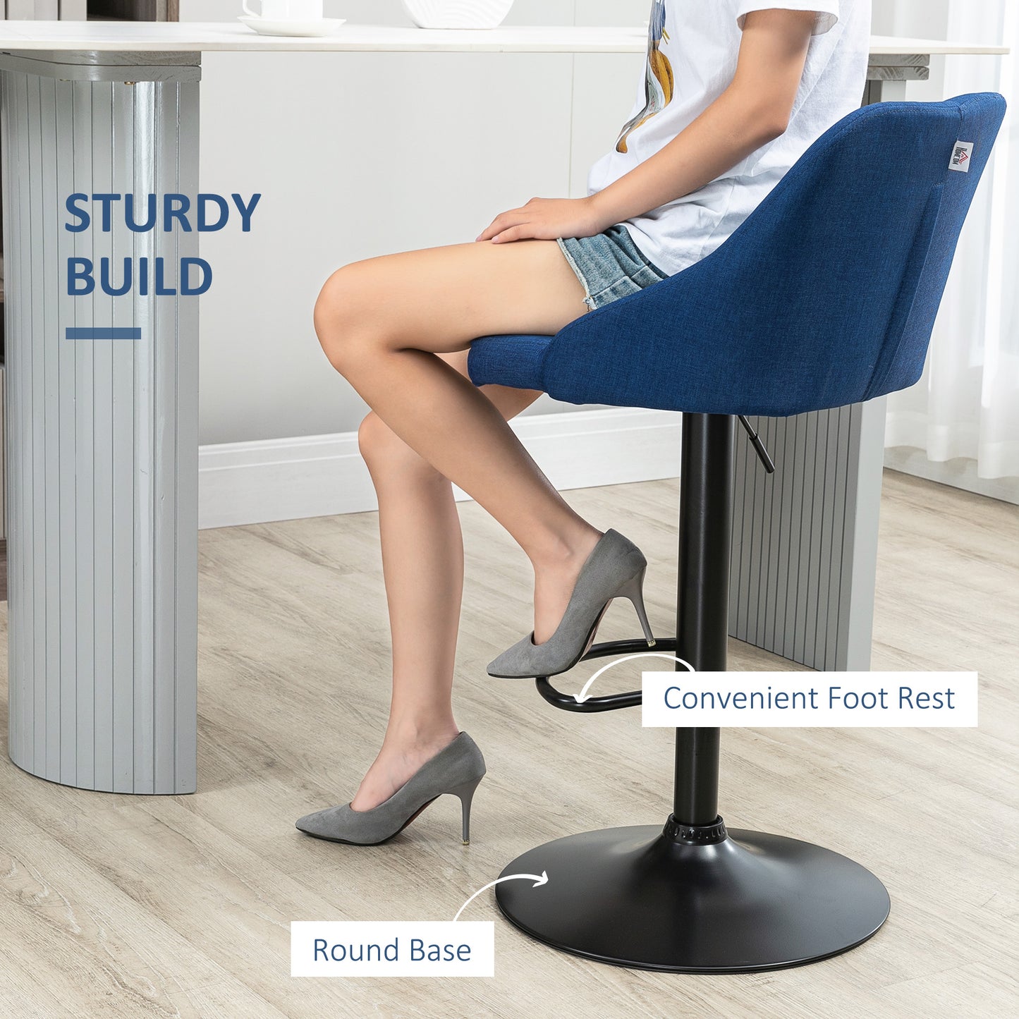 Modern Adjustable Bar Stools Set of 2, Swivel Fabric Barstools with Footrest, Armrests and Back, for Kitchen Counter and Dining Room, Dark Blue