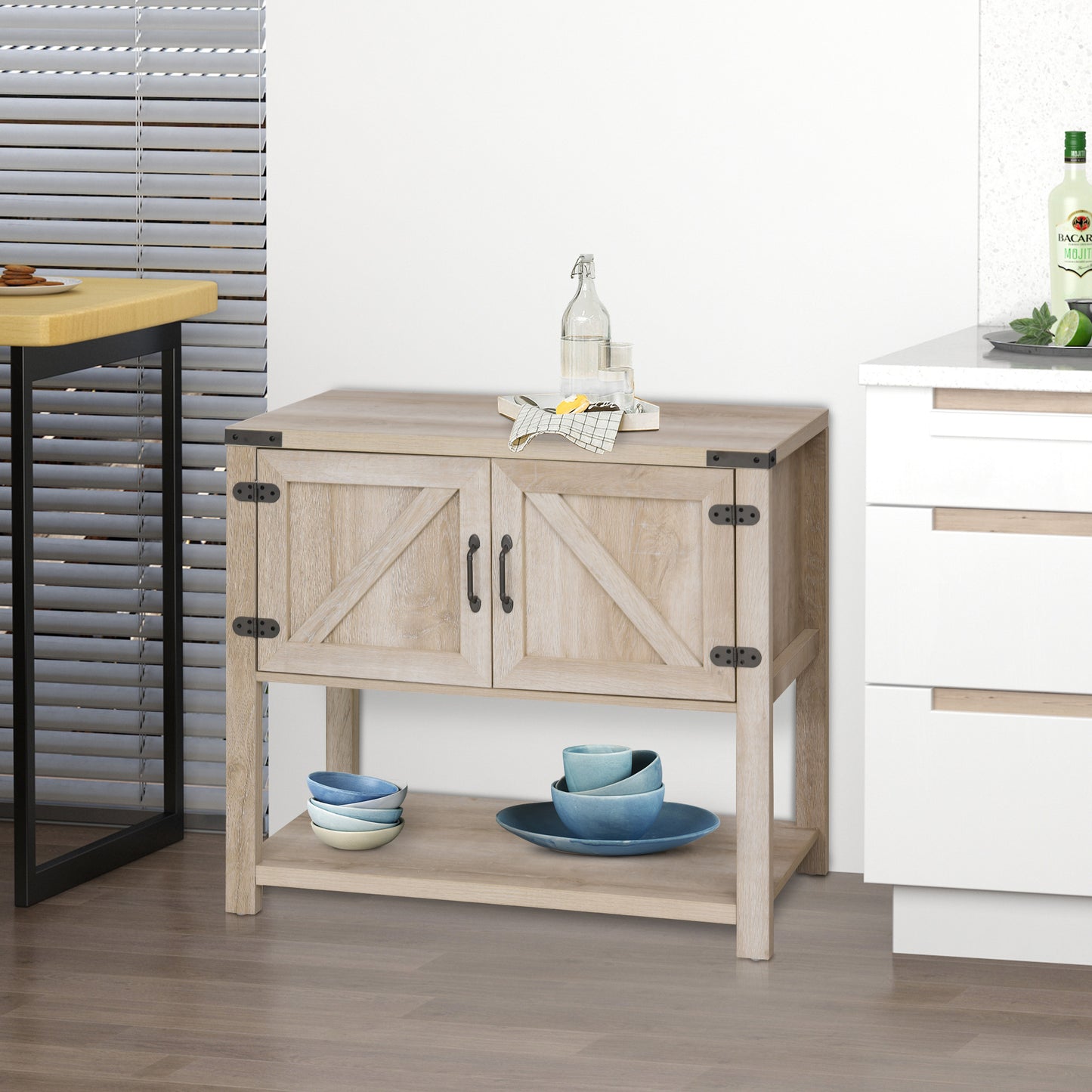 Farmhouse Kitchen Storage Cabinet, Free Standing Sideboard Console Table with Barn Doors, Bottom Shelf, Oak