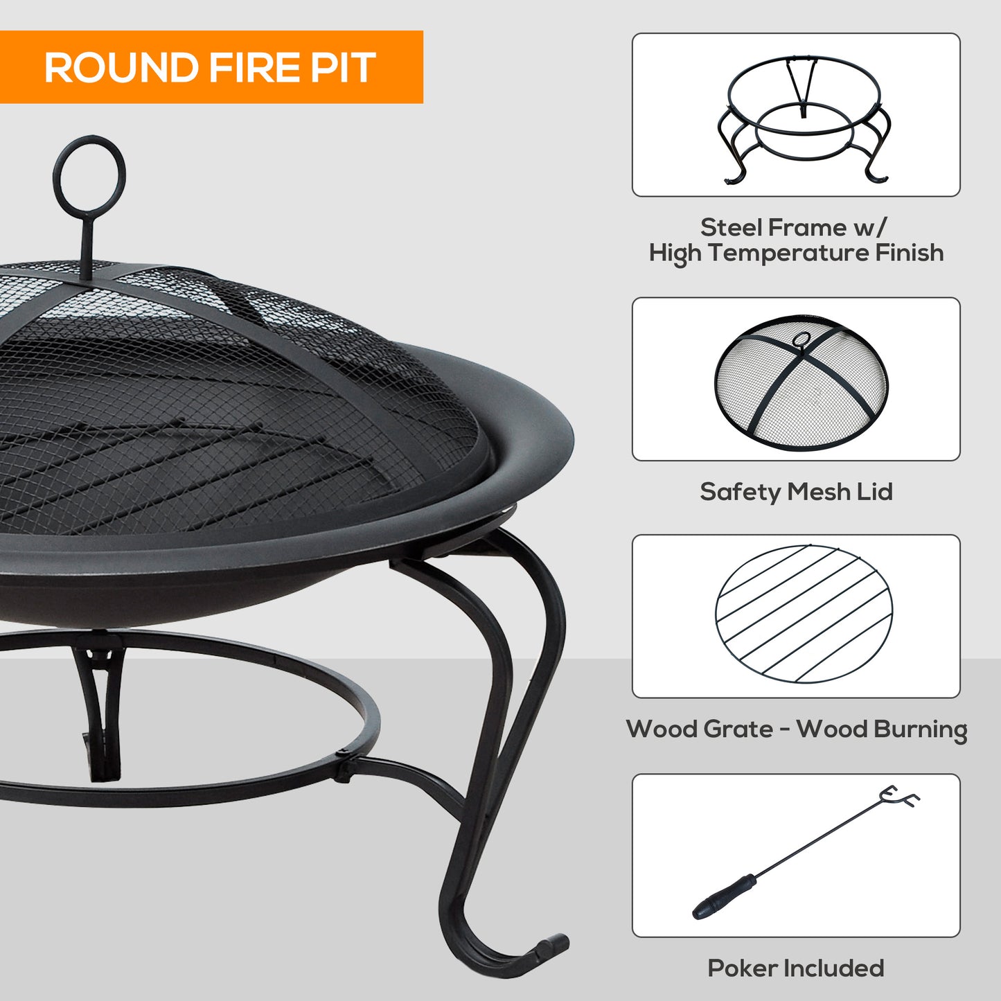 Outsunny 22" Round Fire Pit with Poker and Spark Screen Wood Burning Patio Fireplace Black