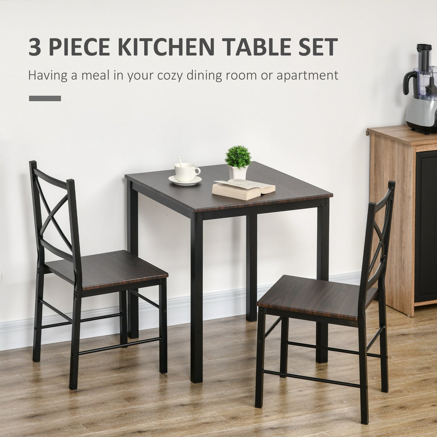 Industrial Dining Table Set of 3, Square Kitchen Table with 2 Chairs Steel Frame Footrest for Small Space, Dark Coffee