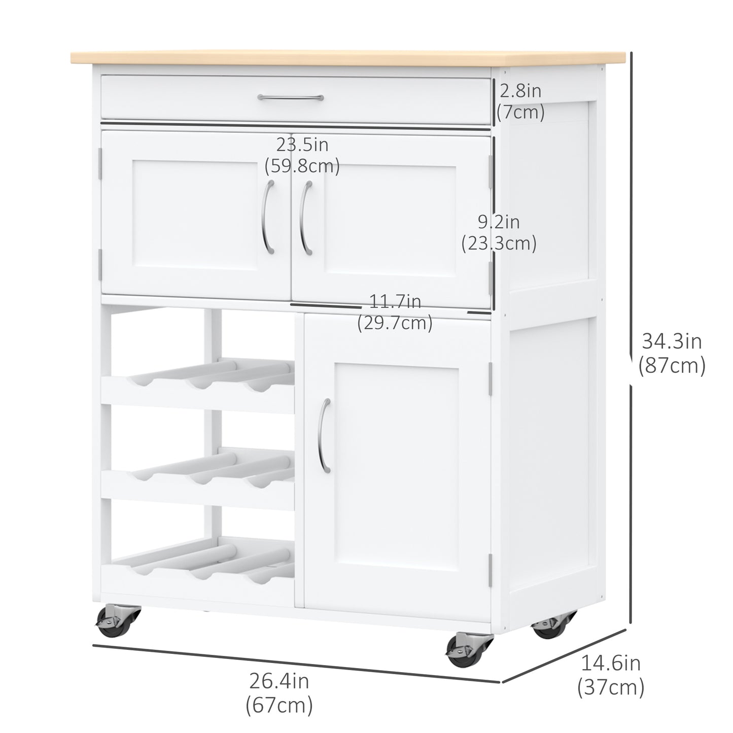 Rolling Kitchen Cart, Kitchen Island with Storage Drawer, 9-bottle Wine Rack, Door Cabinets, Wooden Countertop, White