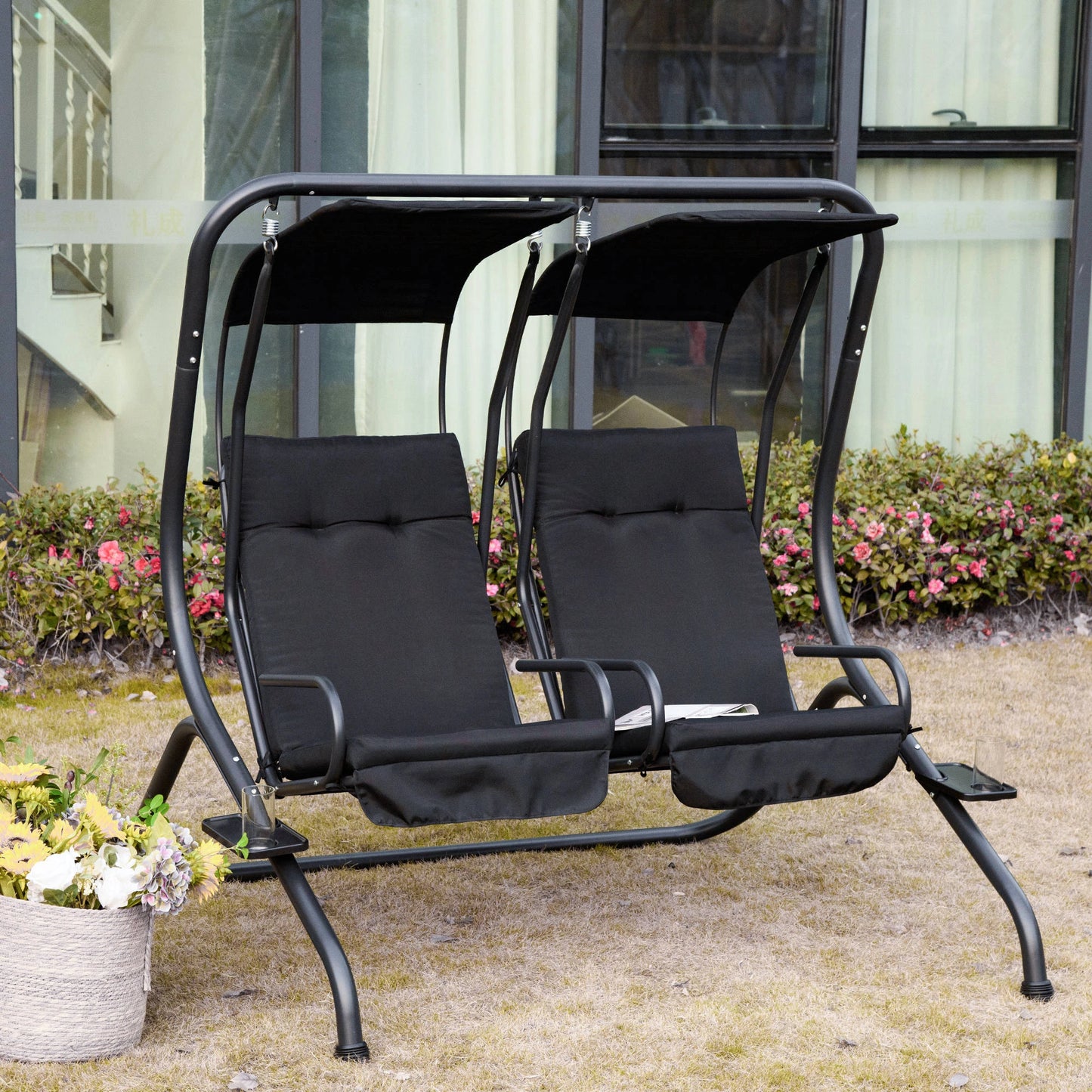 Outsunny 2 Seat Modern Outdoor Swing Chairs With Handrails and Removable Canopy - Black